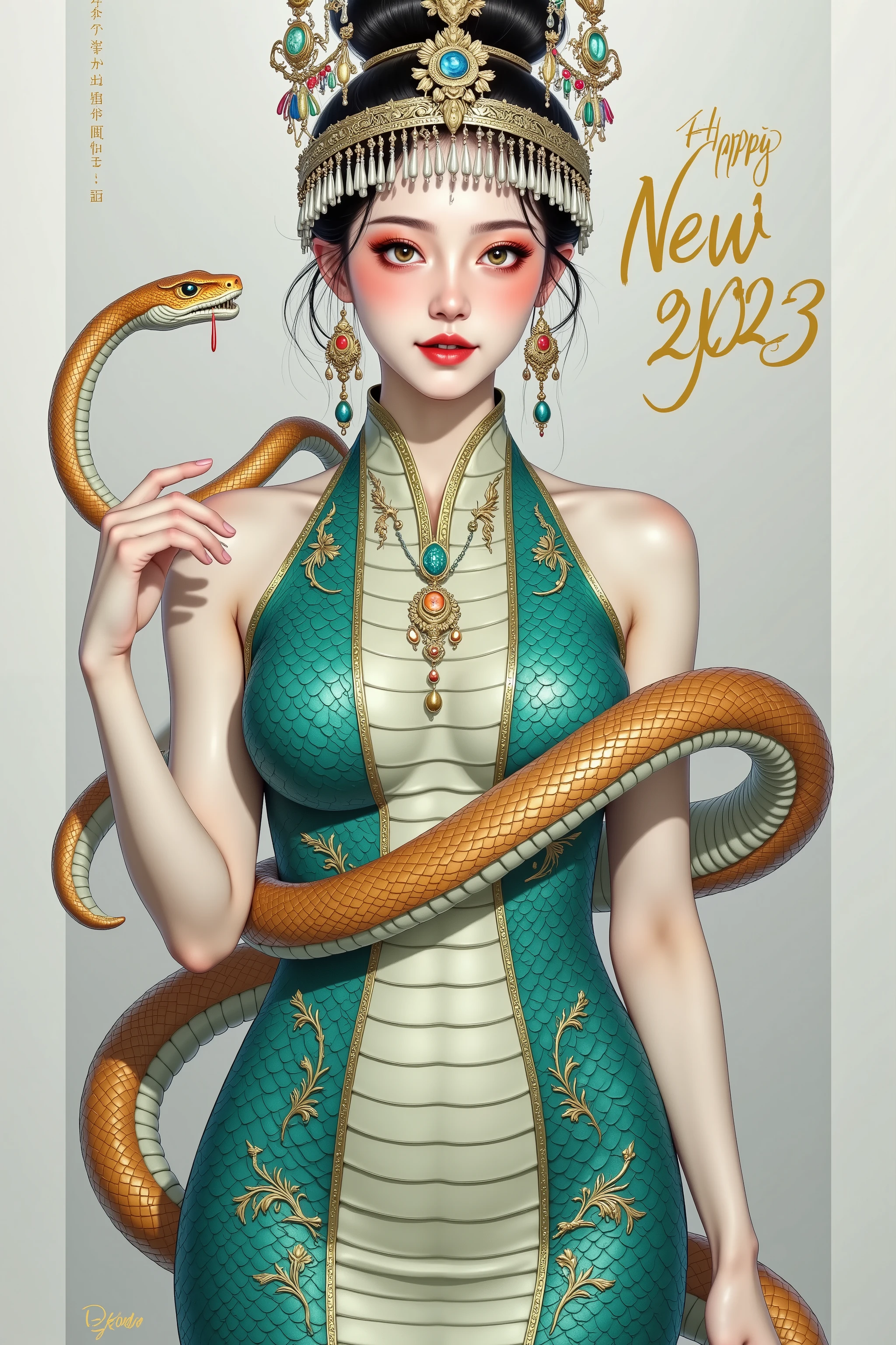 a close-up of a golden turquoise snake , it circles around itself , Bright colors symbolize prosperity and good fortune. In the snake , [ a beautiful woman,, white as porcelain , The eyes are as bright as sapphires , standing confidently in front of a white background . Exceed, shines with bold golden text , With an elegant cursive " Happy New Year 2025 ", radiates a warm atmosphere .