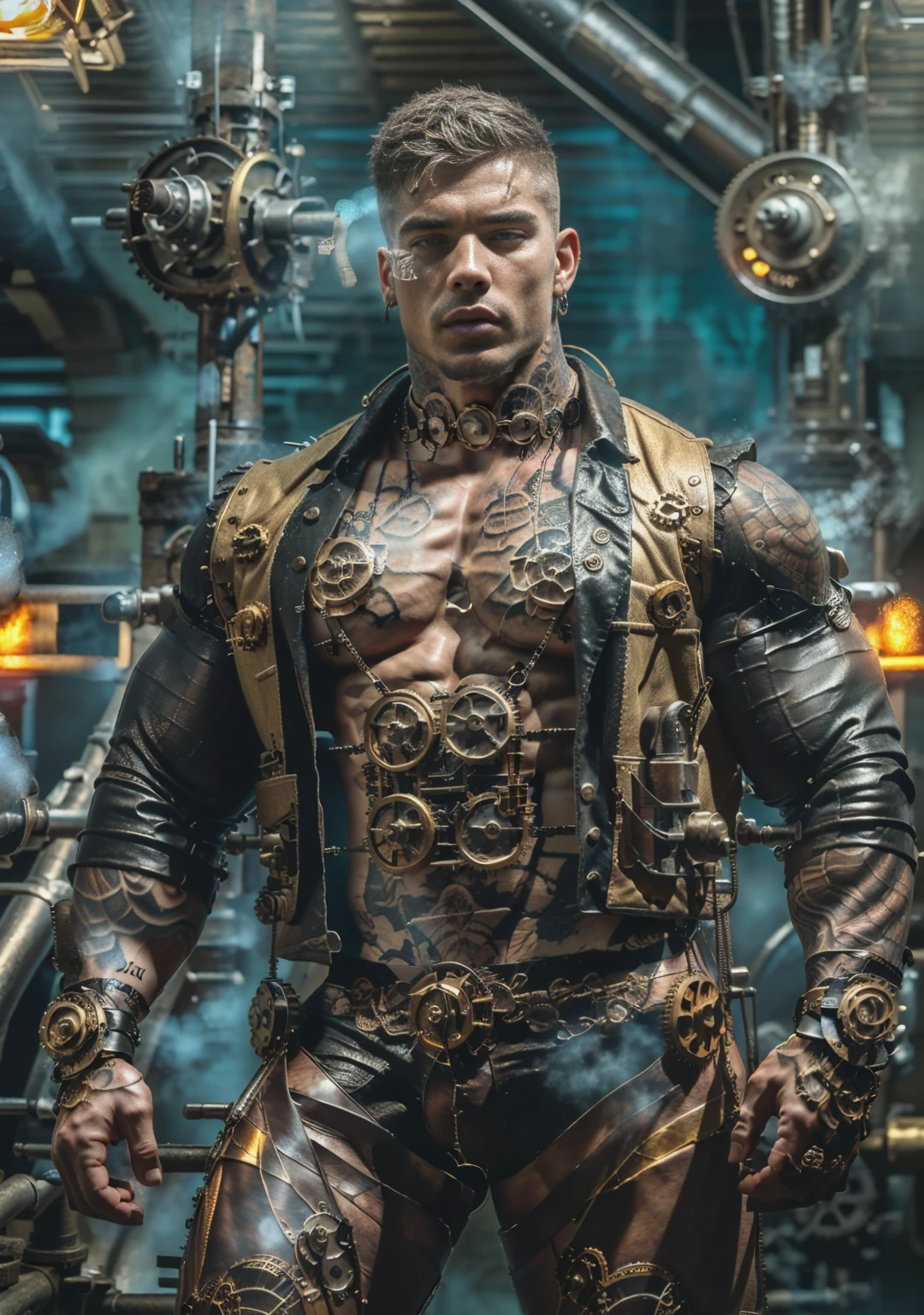 ((Masterpiece, High Quality)), Best Quality, highly detailed , ultrarealistic , cinematic ,realistic , photorealistic realistic eyes, intricate details, detailed background, depth of field, dynamic pose, dynamic angle ,male focus ,muscled man (1.0) ,handsome (detailed face) ,Young Arafed muscular chiseled very handsome man , (( steam4rmor,A muscular, veins on his arms , attractive tattooed man dressed in a detailed steampunk vest not covering his chest and abs(1.0), showing his muscled body with tattoos(1.0) ,The outfit includes leather straps, brass gears , a vest, and metallic accents. The man has a confident and alluring pose, with a mysterious expression. The background features an industrial steampunk setting with steam pipes, machinery, and a warm, vintage dark atmosphere , highly detailed, , detail face, tool enhancer ,slider 1.0)), realistic, masterpiece, intricate details, detailed background, depth of field, photo of a man ,looking like courage , ((light bokeh)) , highlighting the strong muscle lines , symbol of strength. Perspective and perspective: shooting from a low angle , highlighting the height and majesty of men. Or use a side perspective to show the posture and tattoo of a men.