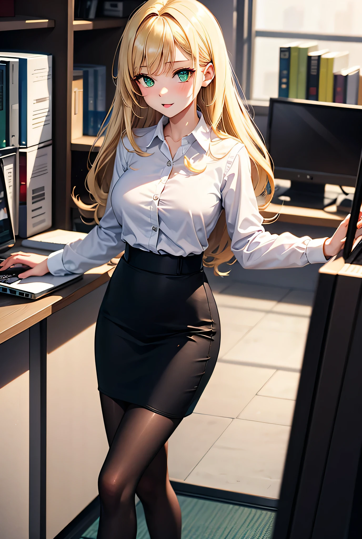 ((masterpiece, best quality)), 1female, solo, (middle-aged woman:1.2), mature female, milf, solo, (cleavage:0.6), long blonde hair, green eyes, tan olive skin,  mascara, red lipstick, looking at viewer, (wide hips:1.2), (office lady, office:1.5),(Wearing: Black business vest, red undershirt, gem necklace, golden earrings, tight black skirt, black pantyhose, black heels:1.2), (look from above:1), (big breasts:0.8), looking at viewer,(plump:0.9), cowboy shot, closed lips, closed mouth,
