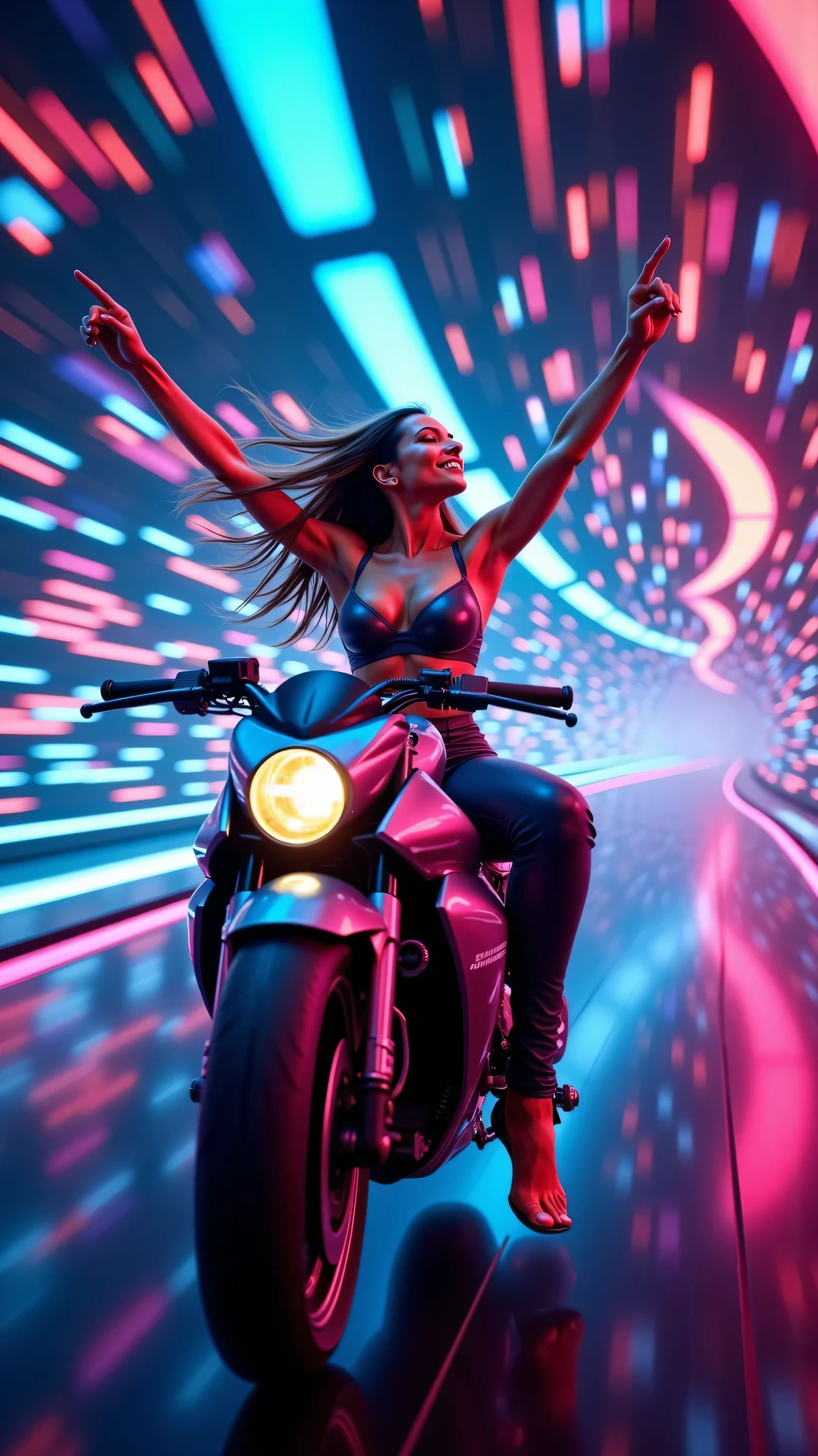 "Inside the dynamic, shifting tunnel of time, where neon lights pulse in vivid blues, purples, and fiery reds, a stunning woman races on the futuristic motorcycle, feeling the rush of speed and liberation. The camera captures her from below, looking up at her powerful form as she lets go of the handlebars and stretches both arms toward the heavens. The angle emphasizes her grace and strength, highlighting the fluidity of her motion as she rides. Her long hair flows wildly behind her, whipping in the wind as the motorcycle glides effortlessly through the tunnel, its sleek, aerodynamic design reflecting the surrounding neon glow. The woman’s body arches slightly backward, her face flushed with exhilaration, and a radiant smile spreads across her lips as she points toward the sky, reveling in the feeling of freedom. The bike, responding perfectly to her movements, feels like an extension of her body, moving as one with her. The tunnel around them shifts and pulses with the energy of time itself, but in this moment, she is lost in the rush of the ride. Behind her, the silhouette of the pursuer grows larger, but for now, she is completely immersed in the ecstasy of the chase, unbothered and free."