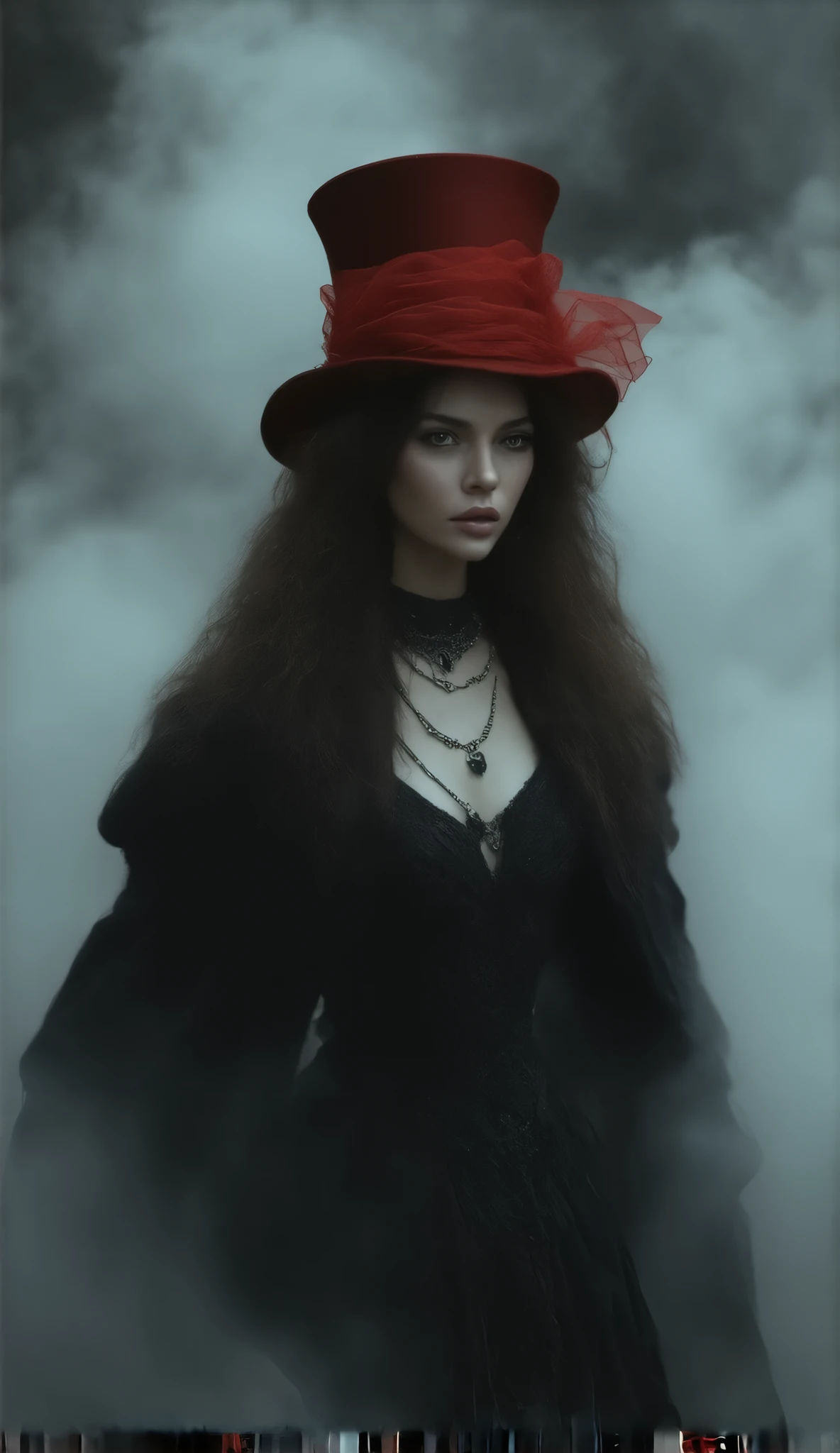 female model of 1991 Chanel black haute couture,close up,Long curled hair ,noble,典雅,Mythical Helen , professional woolen dress , wearing exaggerated jewelry , wearing jewelry typical Chanel style , simple and stylish ,(red transparent scarf wide-brimmed top hat),Face-covering ,Thick fog,model fashion show,Strange and thrilling horror atmosphere on the catwalk ,