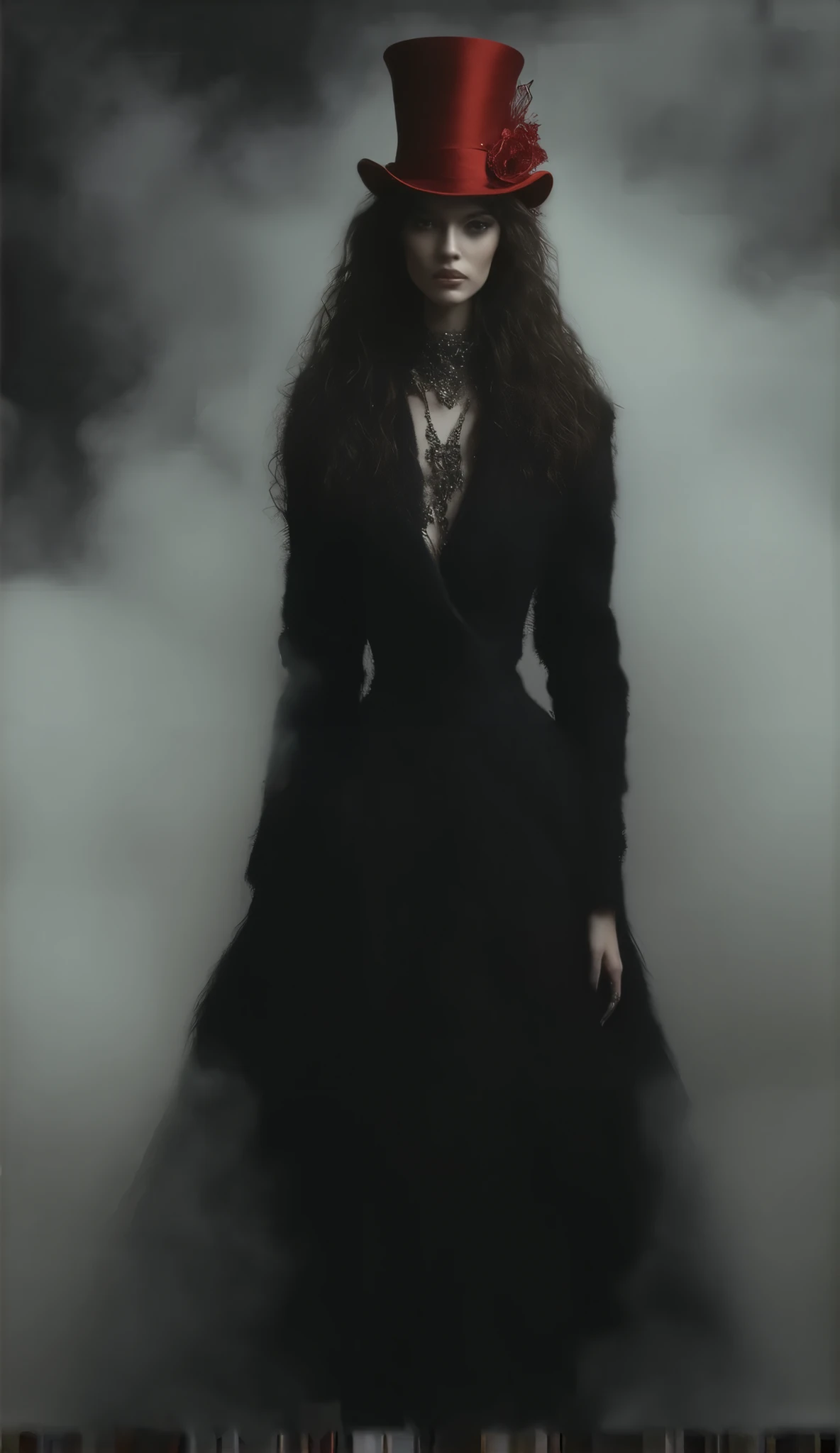 female model of 1991 Chanel black haute couture,close up,Long curled hair ,noble,典雅,Mythical Helen , professional woolen dress , wearing exaggerated jewelry , wearing jewelry typical Chanel style , simple and stylish ,(red transparent scarf wide-brimmed top hat),Face-covering ,Thick fog,model fashion show,Strange and thrilling horror atmosphere on the catwalk ,