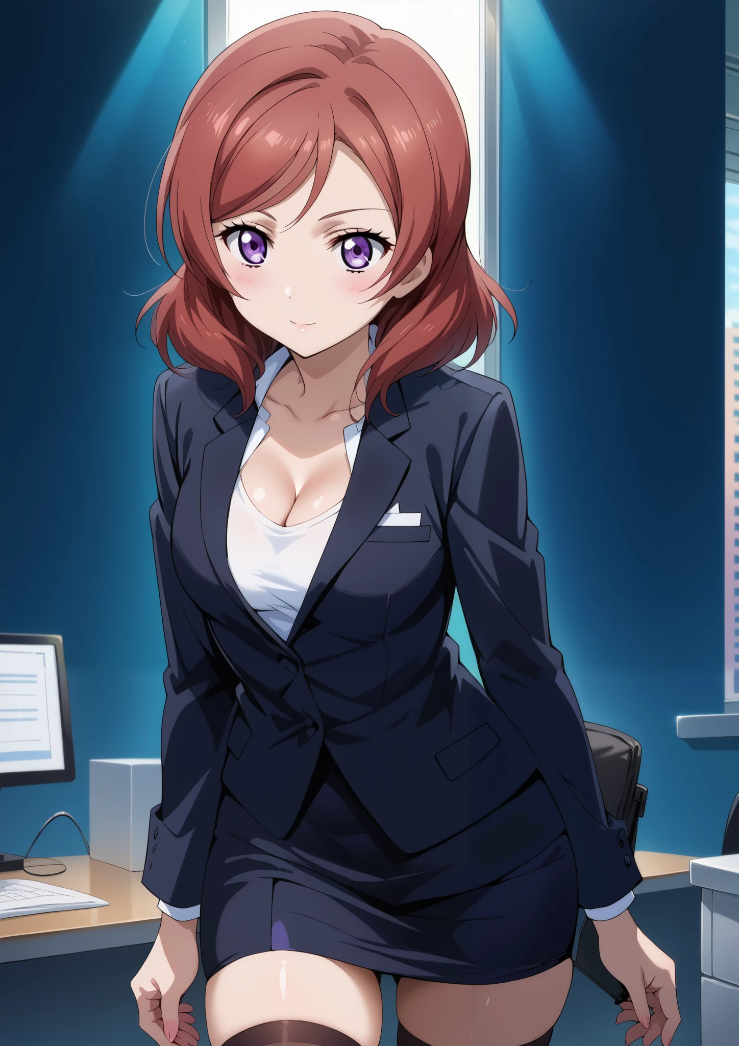 score_9, score_8_up, score_7_up, source_anime, 4K,perfect fingers,(perfect hands, perfect anatomy),prefect lighting, very aesthetic, intricate details,highly detailed background, masterpiece, high quality, best quality,
makinishikino, maki nishikino, short hair, purple eyes, red hair,large breast,
Wearing ((office lady,black suit jacket,white t-shirt ,cleavage,black pencil Skirt,thighhighs, )),
(cowboy shot),