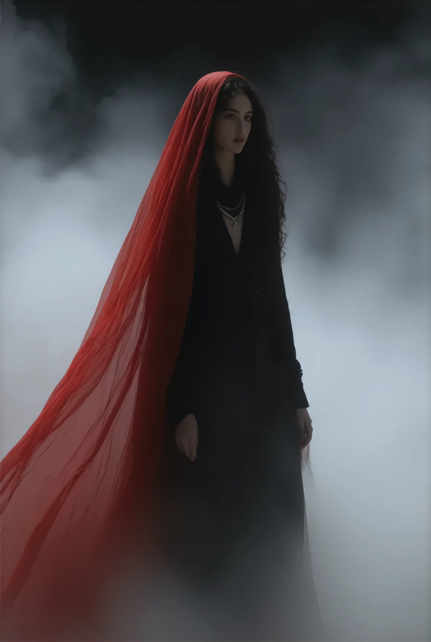 female model of 1991 Chanel black haute couture,close up,Long curled hair ,noble,典雅,Mythical Helen , professional woolen dress ,Very large female model wearing exaggerated jewelry , wearing jewelry typical Chanel style , simple and stylish ,Red transparent flying scarf ,Face-covering ,Thick fog,model fashion show,Strange and thrilling horror atmosphere on the catwalk ,