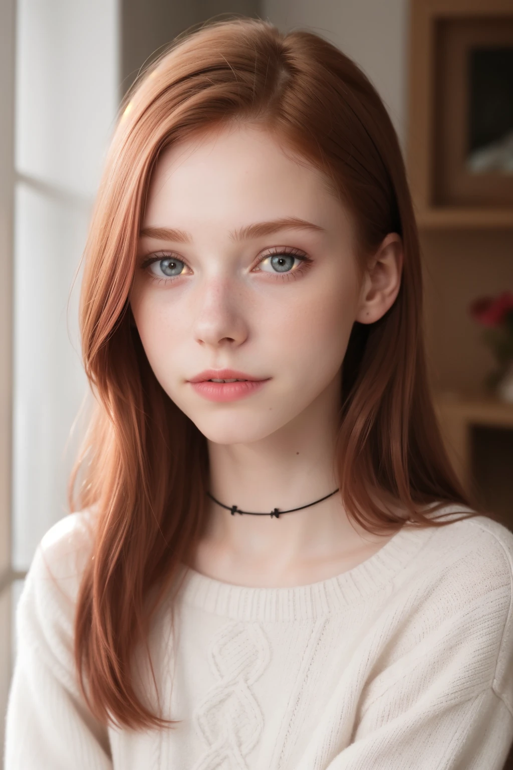 raw photo,(yo skinny redhead girl:1.2), cheek dimples, blushing, graphic eyeliner, rouge, (lipstick:0.6), (choker:0.9), realistic skin texture, oversize knit sweater, (red:0.8), softcore, warm lighting, cosy atmosphere, instagram style, nsfw , naive, shy, short, thin, fit, beautiful, cute, pale skin
