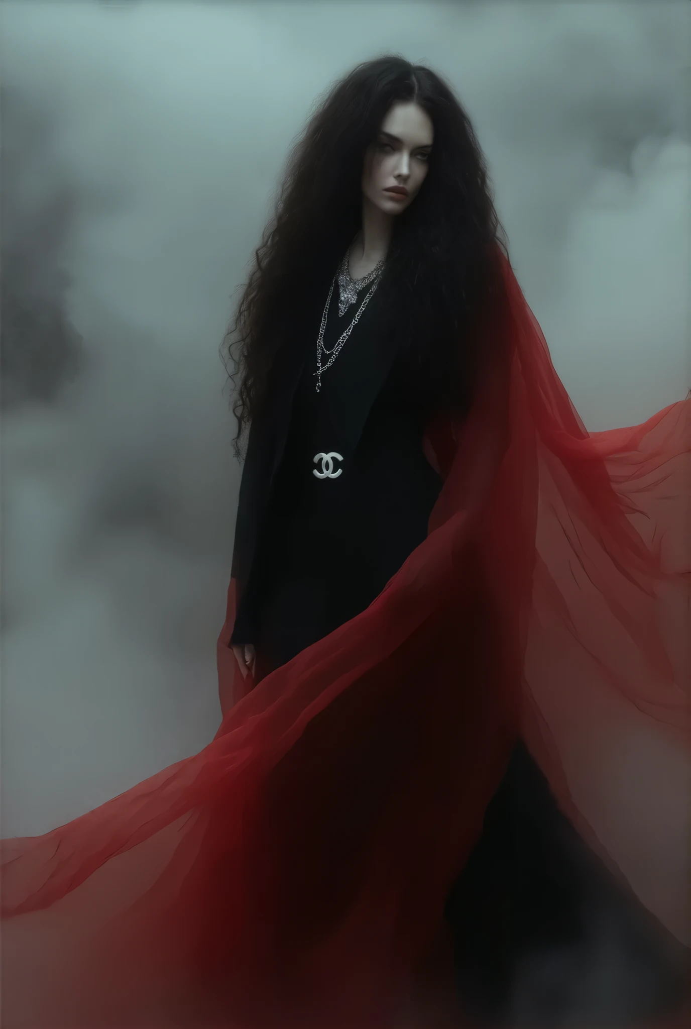 1991 Chanel black haute couture,close up,Long curled hair ,noble,典雅,Mythical Helen , professional woolen dress ,Very large female model wearing exaggerated jewelry , wearing jewelry typical Chanel style , simple and stylish ,Red transparent flying scarf ,Face-covering ,Thick fog,model fashion show,Strange and thrilling horror atmosphere on the catwalk ,