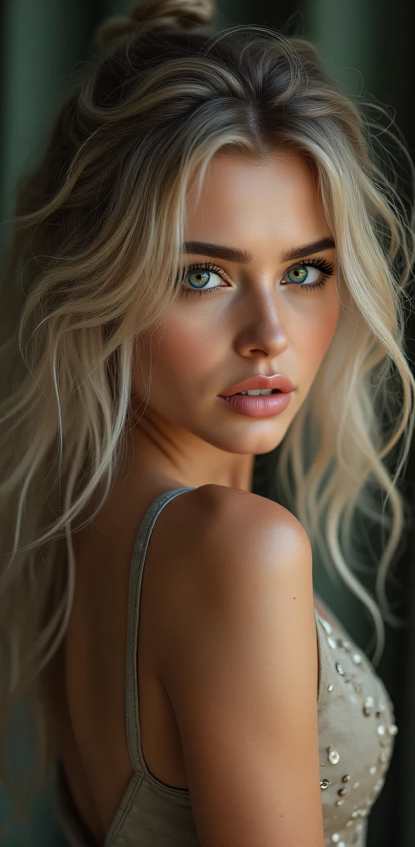 Female model:
name: Luna Nightingale
Hair :
- Color: Dark blonde with silver highlights (#B1B1B1)
- Texture: seeds, with a touch of glitter
- Length : to the waist
- Style : Styled to one side , with a touch of elegance
Eyes :
- Color: Deep blue with green reflections (#032B44)
- Shape: Almond-shaped, tilted
- Size : big, toning
- : Long, Thick
:
- Color: pale, with a warm tone (# f5f5f5 )
- Texture: suave, plain
- Expressive : uniforme, without imperfections
Lips :
- Color: light pink (#FFC5C5)
- Shape: Fleshy, sensual,
- Voluptuous size : medium, provided
Body :
- Silhouette: slim, toned
- Height : 1.75 m ( approximately )
- Weight: 50 kg ( approximately )
- Proportions : Pronounced hips and breasts , defined waist
Face :
- Shape: Oval, soft
- : high cheekbones, small nose, defined eyebrows