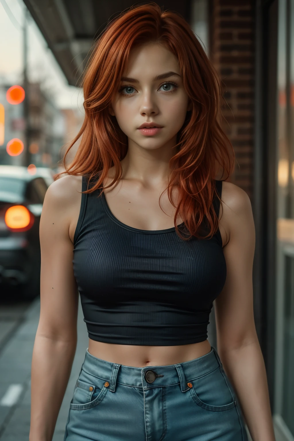 bright marketplace, ((very long unkempt red hair)), ((looking at viewer)), redhead, ((long hair)), ((solo female)), ((solo)), outside, night, ((character portrait)), ((1woman)), ((front view)), sweating, ((shaggy hair)), ((solo female)), ((solo)), ((fully clothed)), ((1woman)), sweating, ((choker collar)), ((18 year old female)), (best quality, masterpiece:1), solo, green eyes, portrait, fingers, close up photo, ((heavy freckles)), ((marketplace)), ((pouting lips)), ((flat chest)), ((heavily freckled body)), ((freckles on chest)), ((freckles on arms)), ((full body)), ((black crop top)), ((underboob))