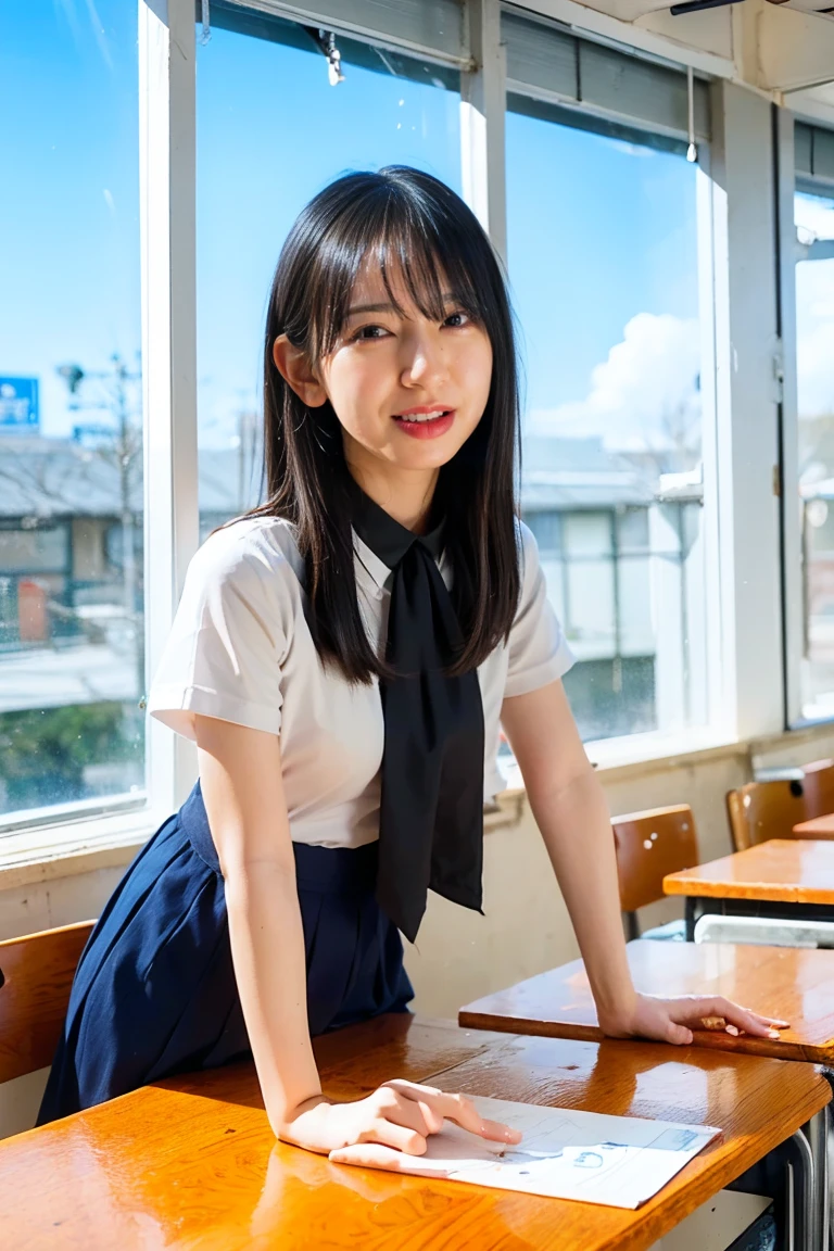 NSFW,highest quality,Ultra-high resolution,1 girl,Long Hair, bob hair, 笑face,Looking at the camera,美しく精巧なface、Fine and beautiful skin、Skin Texture、floating hair、high school student,uniform, tie,Small breasts、Thighs,Pussy in full view,A neat pussy, No underwear,between legs,face,rucksack,staff room,sit