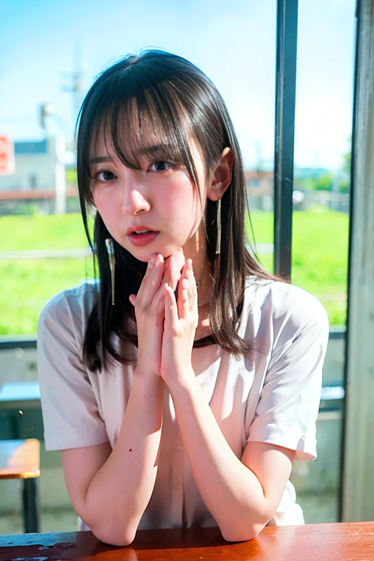 8k, highest quality, masterpiece, pornography, super high resolution, (realistic: 1.4), RAW Photos, One Girl, a skinny Japanese woman, 30 years old, sitting on the beach, (spreading legs wide: 1.6). She has a cute face and black hair, (wearing a white blouse next to the skin: 1.4), a gray pleated skirt, anatomically correct body, (embarrassed face, detailed face, detailed eyes),