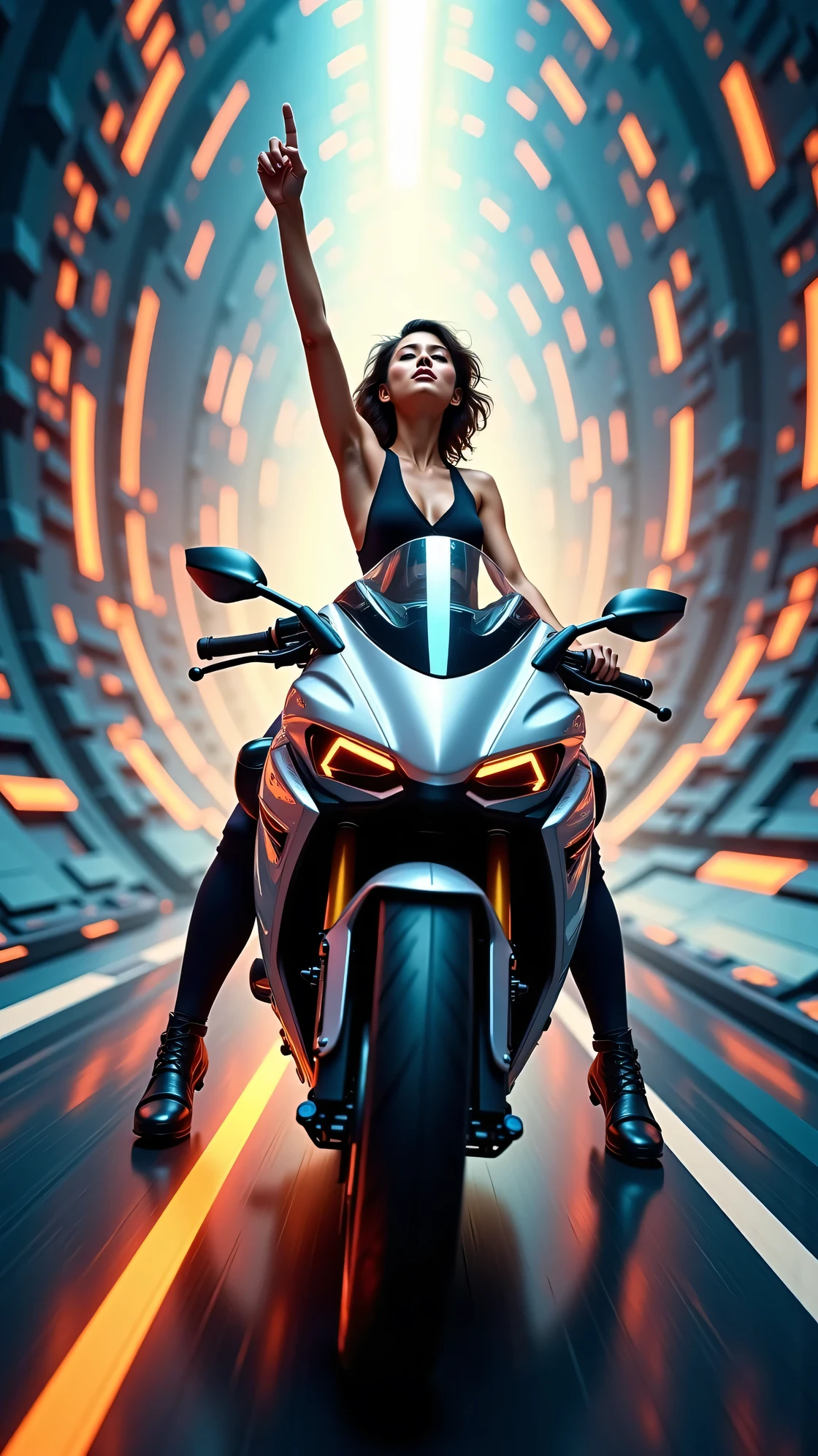 "Experience the Rush of Freedom.
Unleash your inner power with the most sought-after motorcycle of 2303, designed for those who crave the thrill of the ride.
In the glowing tunnel of time, where reality bends and speed knows no limits, [Brand Name]’s high-tech motorcycle takes you beyond the ordinary.
Captured from below, the rider’s strength and grace are on full display as she effortlessly navigates the shifting passage. Both hands off the handlebars, she points toward the sky, embracing the rush with a smile that says it all.
Feel the wind.
Feel the power.
Feel the freedom.
With every twist, every turn, and every moment of acceleration, the [Model Name] lets you become one with the future. Its sleek, aerodynamic design and cutting-edge technology ensure you stay ahead, no matter the chase.
Are you ready to break the limits?
Join the ride of a lifetime."