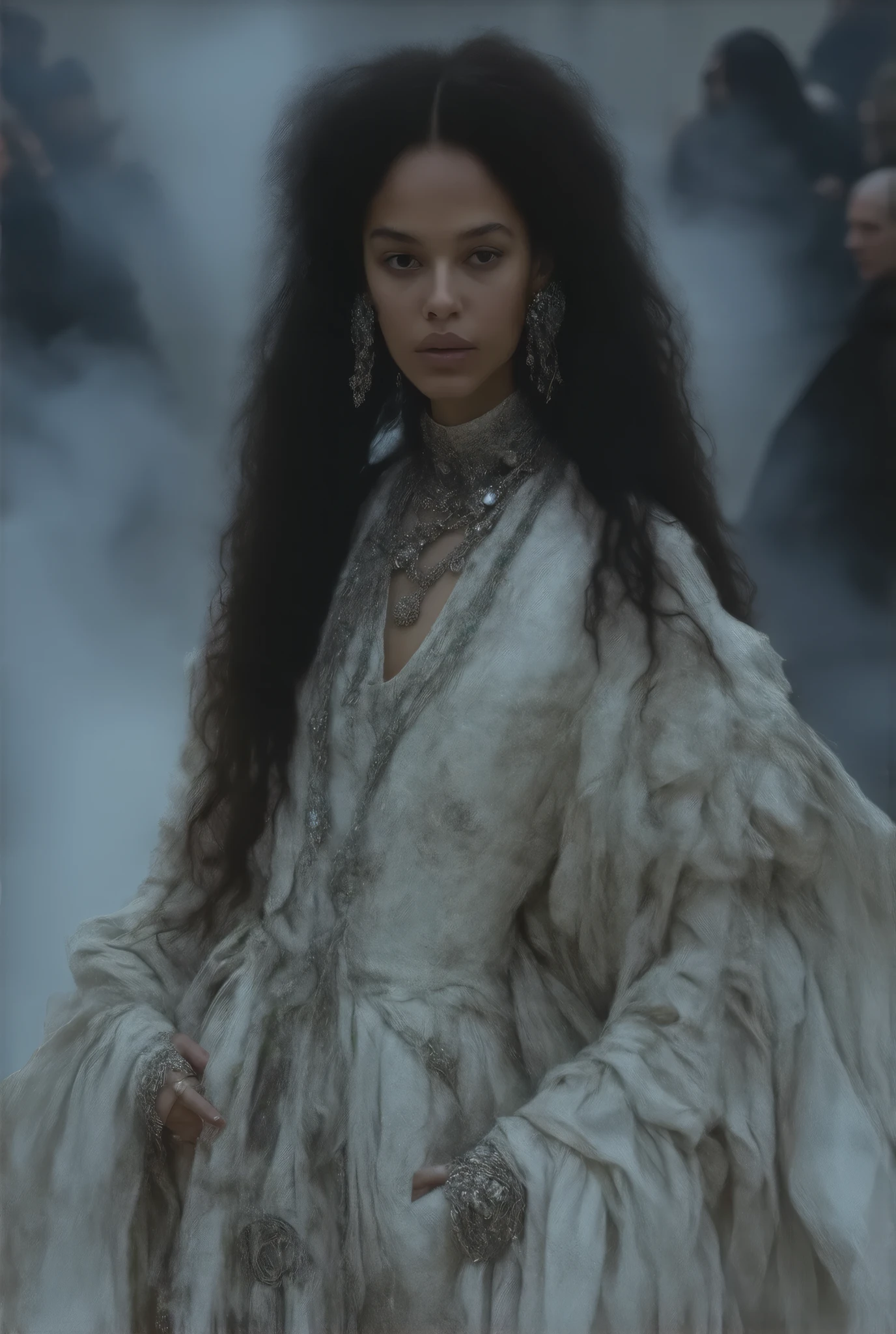 female model of 1991 Chanel black haute couture,close up,Long curled hair ,Very large, dazzling scarf wearing exaggerated jewelry ,典雅,Mythical Helen , professional woolen dress ,, wearing jewelry typical Chanel style , simple and stylish ,, blushing and transparent flying scarves,Thick fog,model fashion show,Strange and thrilling horror atmosphere on the catwalk ,