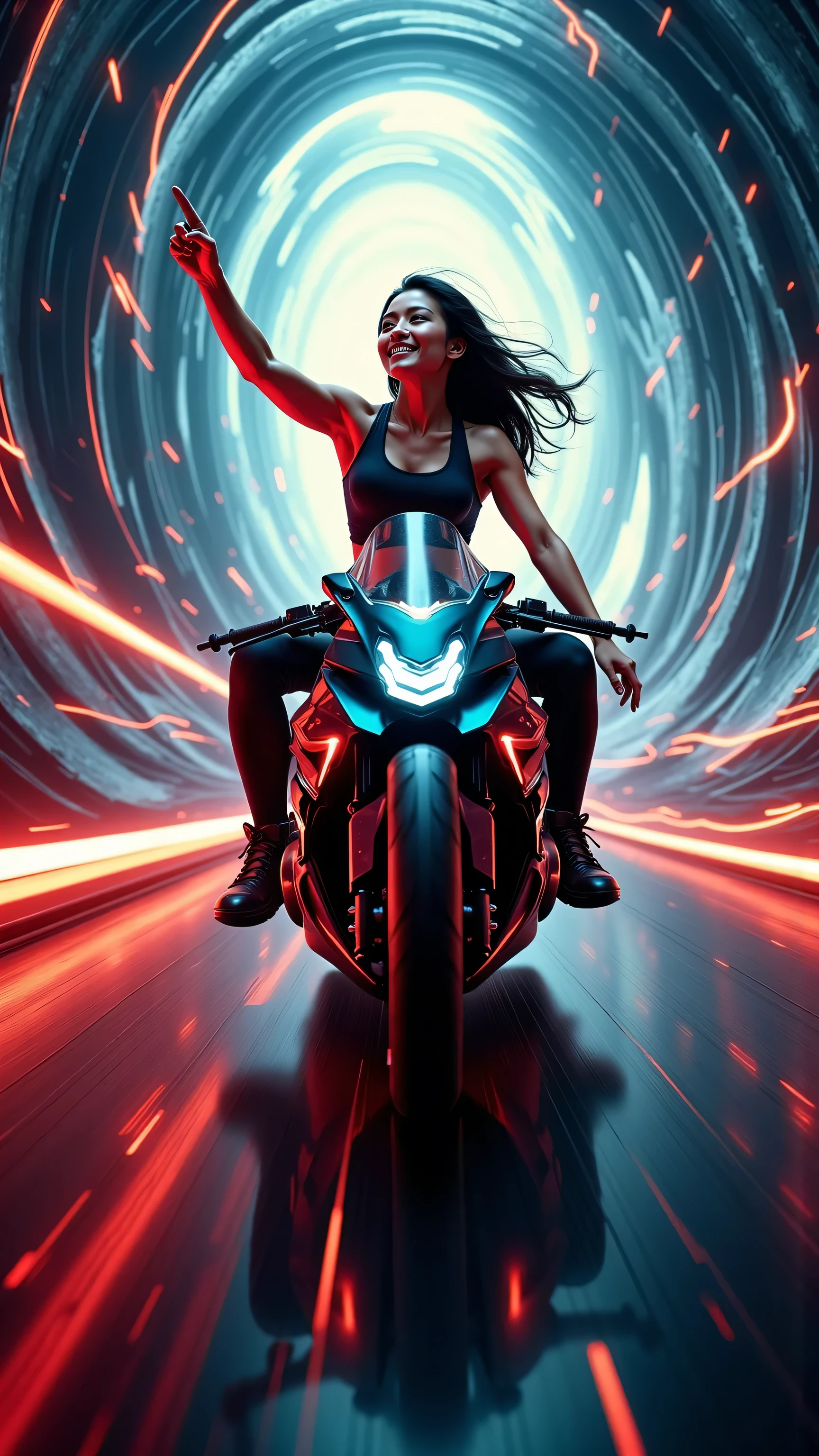 "Experience the Rush of Freedom.
Unleash your inner power with the most sought-after motorcycle of 2303, designed for those who crave the thrill of the ride.
In the glowing tunnel of time, where reality bends and speed knows no limits, [Brand Name]’s high-tech motorcycle takes you beyond the ordinary.
Captured from below, the rider’s strength and grace are on full display as she effortlessly navigates the shifting passage. Both hands off the handlebars, she points toward the sky, embracing the rush with a smile that says it all.
Feel the wind.
Feel the power.
Feel the freedom.
With every twist, every turn, and every moment of acceleration, the [Model Name] lets you become one with the future. Its sleek, aerodynamic design and cutting-edge technology ensure you stay ahead, no matter the chase.
Are you ready to break the limits?
Join the ride of a lifetime."
