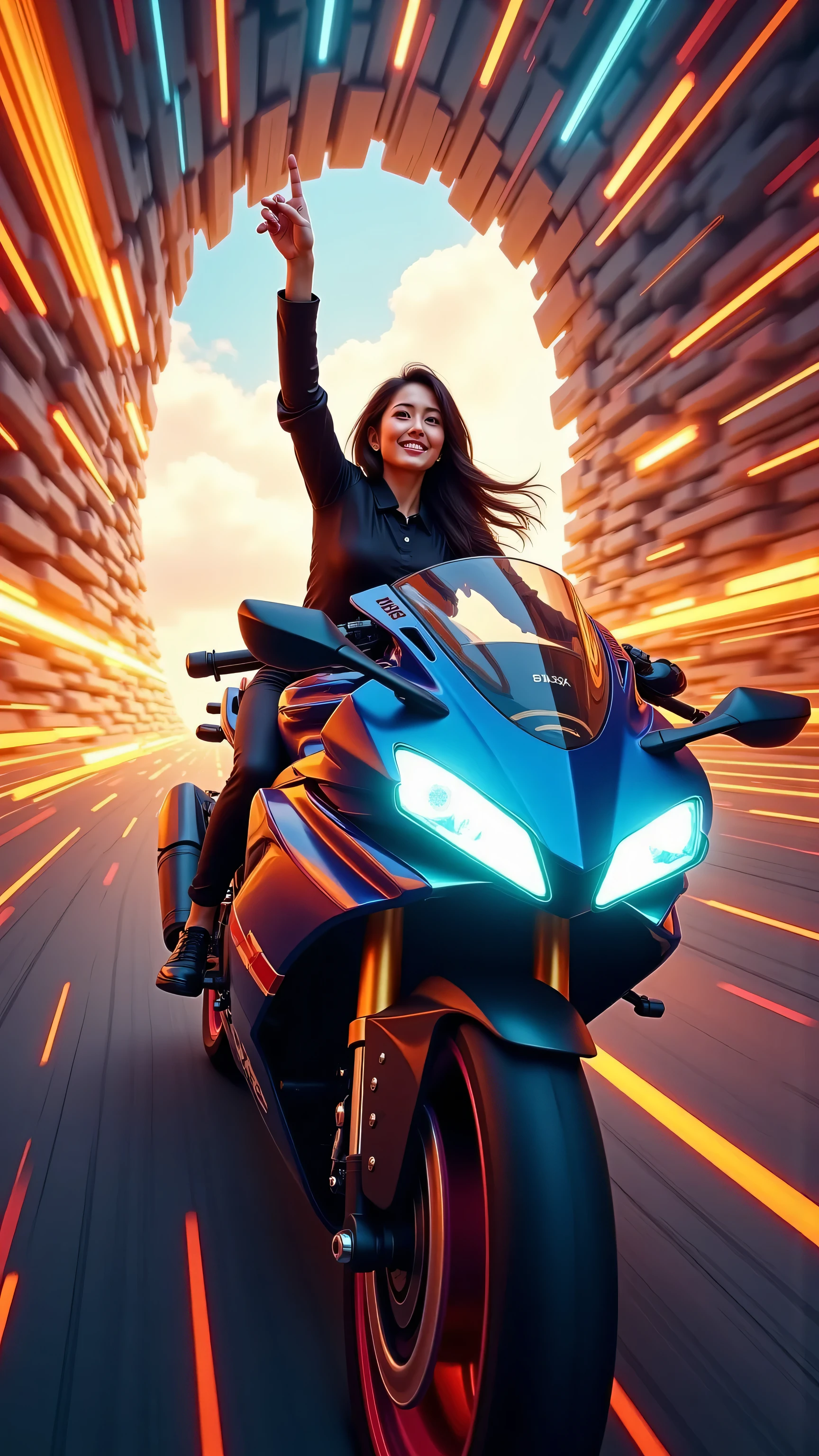 "Experience the Rush of Freedom.
Unleash your inner power with the most sought-after motorcycle of 2303, designed for those who crave the thrill of the ride.
In the glowing tunnel of time, where reality bends and speed knows no limits, [Brand Name]’s high-tech motorcycle takes you beyond the ordinary.
Captured from below, the rider’s strength and grace are on full display as she effortlessly navigates the shifting passage. Both hands off the handlebars, she points toward the sky, embracing the rush with a smile that says it all.
Feel the wind.
Feel the power.
Feel the freedom.
With every twist, every turn, and every moment of acceleration, the [Model Name] lets you become one with the future. Its sleek, aerodynamic design and cutting-edge technology ensure you stay ahead, no matter the chase.
Are you ready to break the limits?
Join the ride of a lifetime."