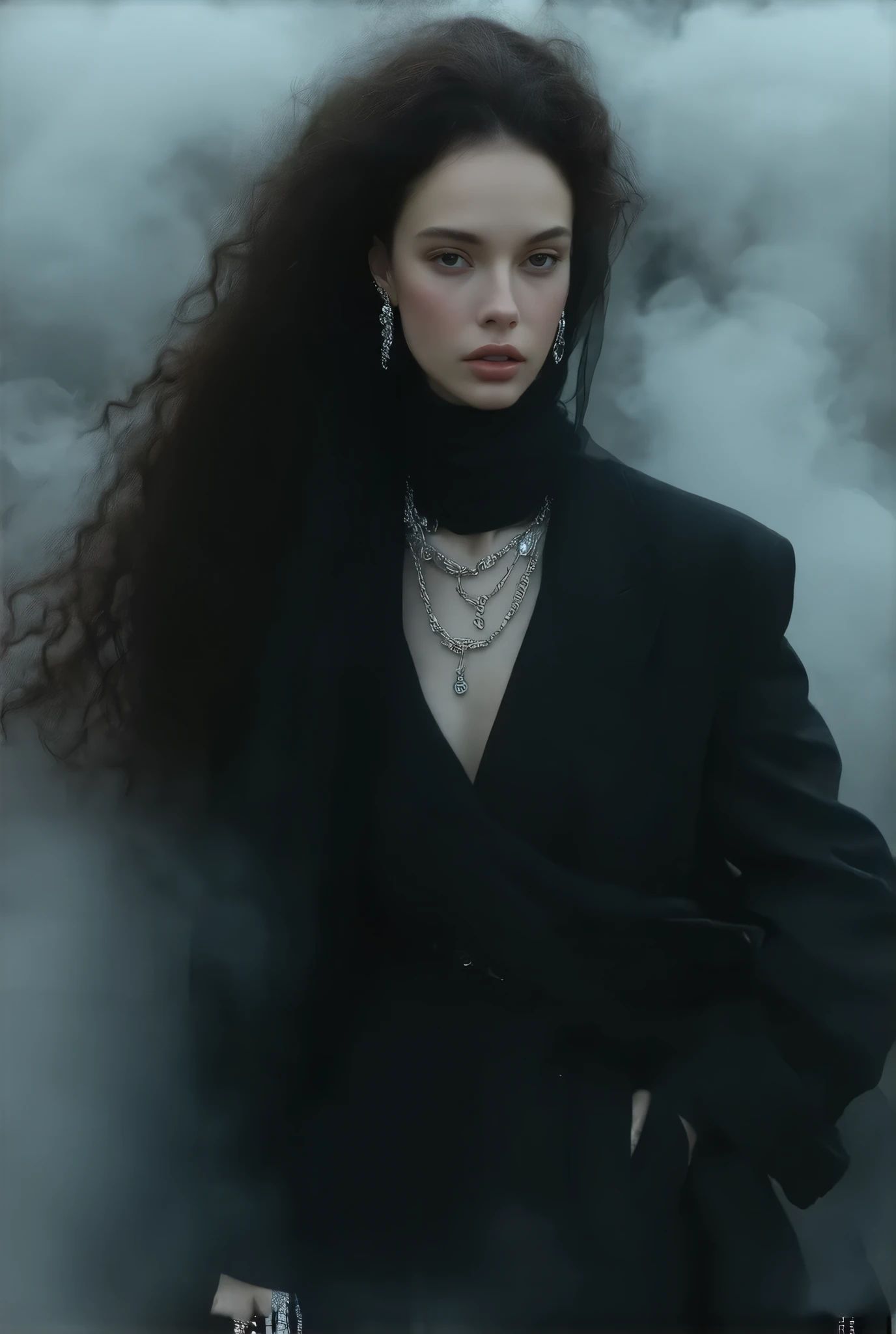 1991 Chanel black haute couture,close up,Long curled hair ,Very large, dazzling scarf wearing exaggerated jewelry ,典雅,Mythical Helen , professional woolen dress ,, wearing jewelry typical Chanel style , simple and stylish ,, blushing and transparent flying scarves,Thick fog,model fashion show,Strange and thrilling horror atmosphere on the catwalk ,