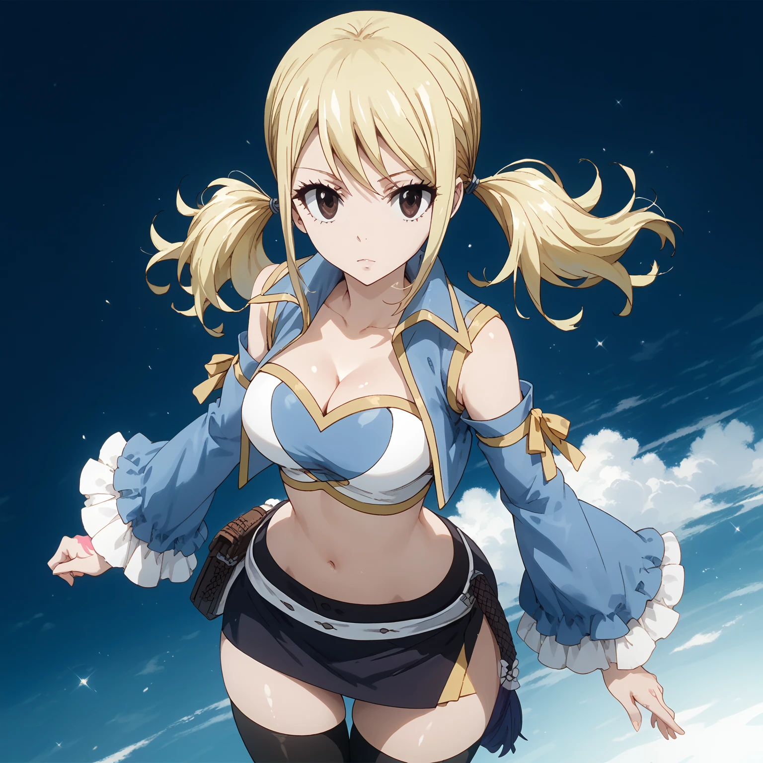 asterpiece, best quality, highres, lucy heartfilia, blonde hair, twintails, large breasts, black thighhighs, detached sleeves, midriff, cropped vest, strapless, belt, black skirt, <lora:lucy_heartfilia_v11:0.7>, cowboy shot, outdoors, kicking, embarrassed, <lora:add_detail:1>,light rays, water splash