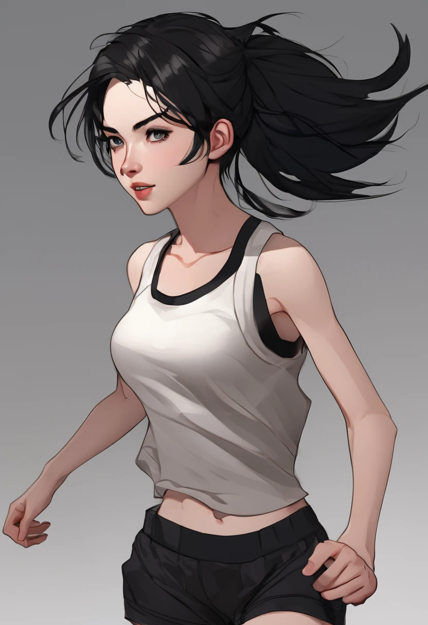 tomboy girl, pale skin, black hair, small breasts, running black shorts