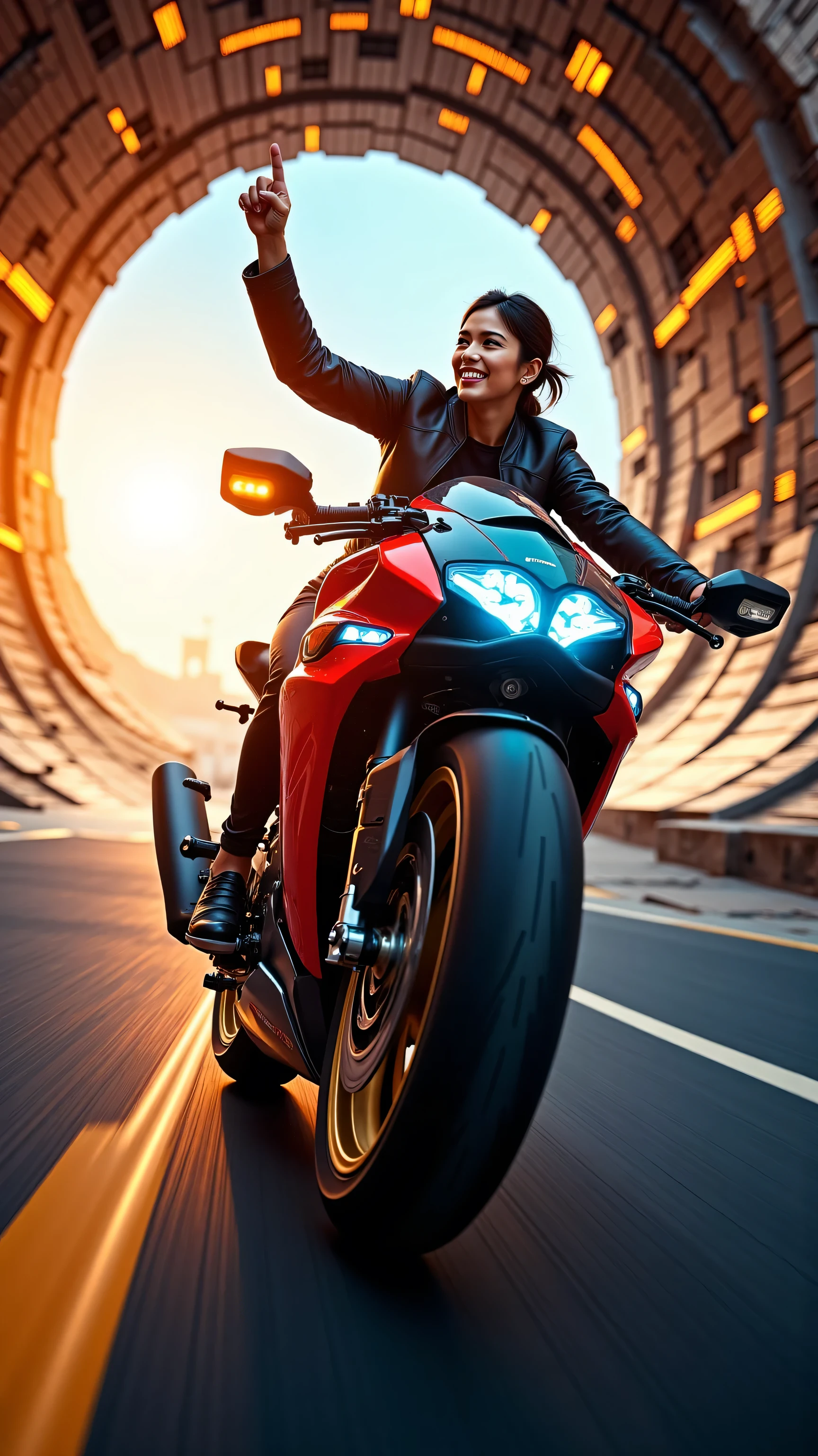 "Experience the Rush of Freedom.
Unleash your inner power with the most sought-after motorcycle of 2303, designed for those who crave the thrill of the ride.
In the glowing tunnel of time, where reality bends and speed knows no limits, [Brand Name]’s high-tech motorcycle takes you beyond the ordinary.
Captured from below, the rider’s strength and grace are on full display as she effortlessly navigates the shifting passage. Both hands off the handlebars, she points toward the sky, embracing the rush with a smile that says it all.
Feel the wind.
Feel the power.
Feel the freedom.
With every twist, every turn, and every moment of acceleration, the [Model Name] lets you become one with the future. Its sleek, aerodynamic design and cutting-edge technology ensure you stay ahead, no matter the chase.
Are you ready to break the limits?
Join the ride of a lifetime."