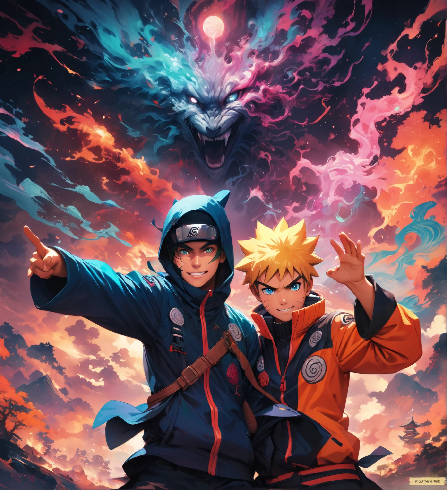 (r,uzumaki naruto),comics『Naruto』character,Focus on boys,Scroll to expand,Use of magic,Fighting Style,Sarcastic smile,Magical Effects,Intricate details,Wide range of colors,artwork,rendering,(masterpiece:1.3),(highest quality:1.4),(Very detailed:1.5),High resolution,Very detailed,unity 8k wallpaper,Enjoy the fight,Draw a nine-tailed fox in neon colors on the background