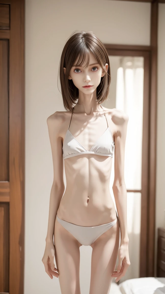 High resolution、High resolution、In 8K、RAW Photos、Highest quality、masterpiece、One age girl, (flat chest like a boy:1.2), ((Skinny body:1.2)), Wavy Hair, nude, Anatomically correct,bangs