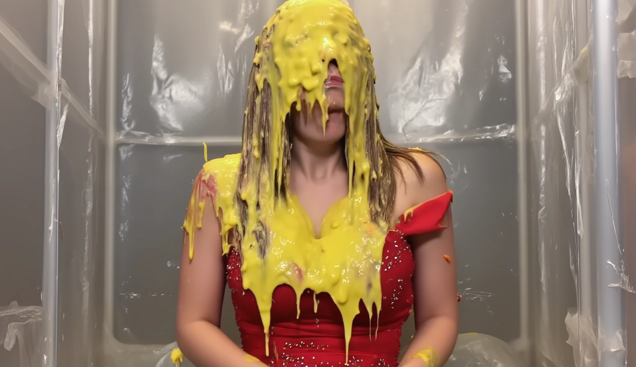A beautiful 18-year old girl with long blonde hair and large breasts, wearing a red sparkly party dress is sitting on a folding chair inside a plexiglass cabinet with the cabinet's door closed in front of her. She is being gunged from above with yellow gunge that is coming from a compartment at the top of the cabinet. Gunge is running down her face, completely obscuring her eyes, nose and mouth. Full body shot. Game show setting.
