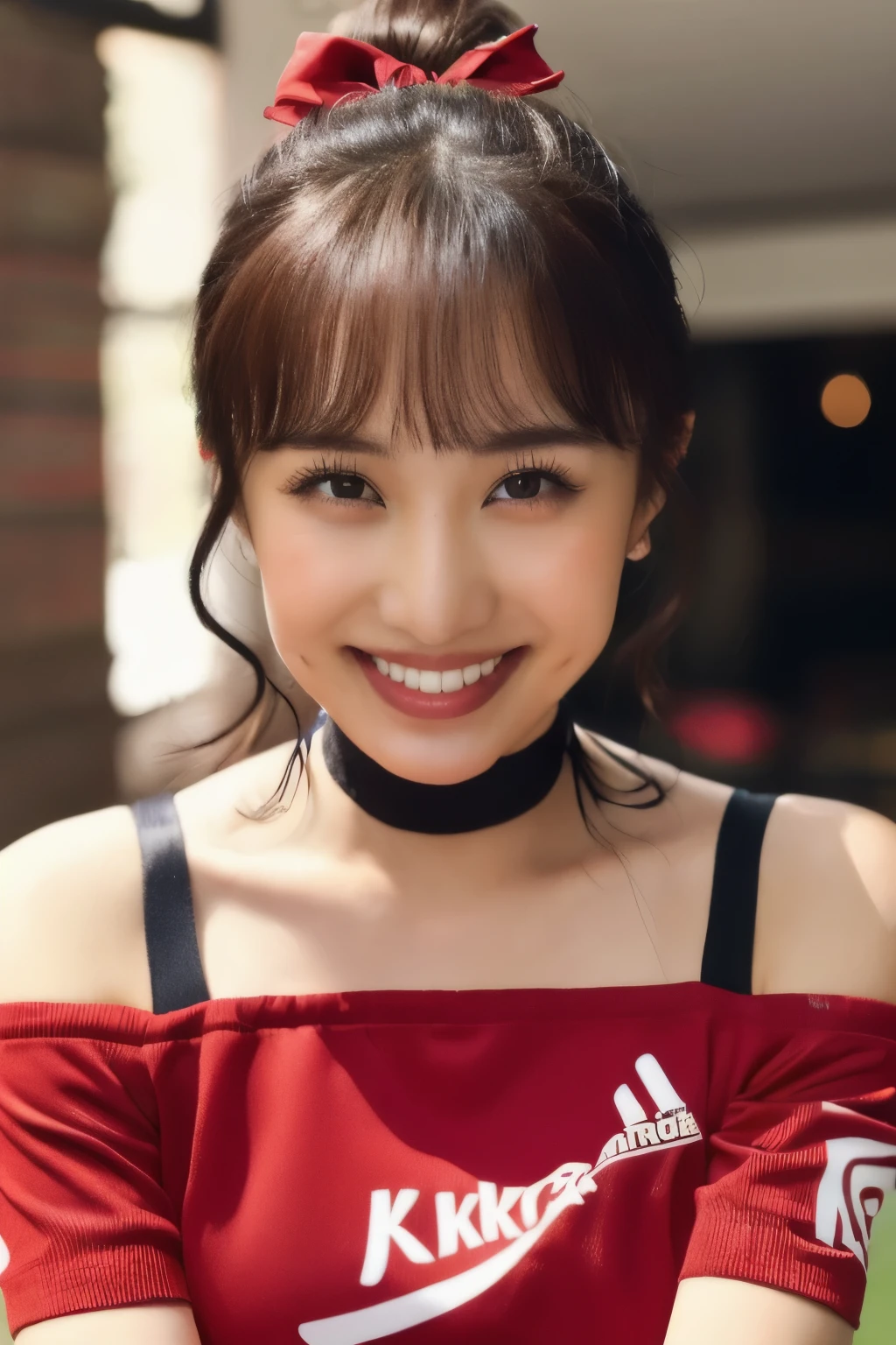 ((red tennis wear)), ((age Japanese Girl))、、(Light up your face)、(masterpiece, top quality, The beautiful quality of , photorealistic , detailed lighting , Extremely detailed skin, Extremely Detailed Hair ,8k, black hair, upper body, One Girl , smile, Watch Viewers , Dimples, Dimpless on cheeks, fc portrait:1.2), bangs、 Red Choker 、 off shoulder、Accurate Eyes、 in ultra high quality、 ponytail、 red ribbon with hands on chest、 miniskirt