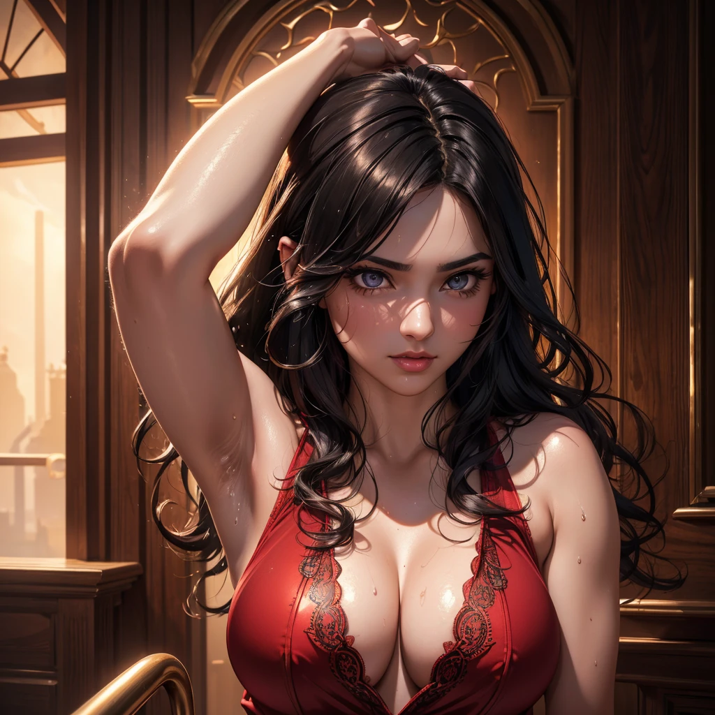 1girl,a beautiful fashion model ,(masterpiece, detailed background, best quality), shoulder length and shiny hair, black hair,smirk,juicy lips,red lips, lingerie, stripping, elegant makeup, exhibitionism, influencer, thot
