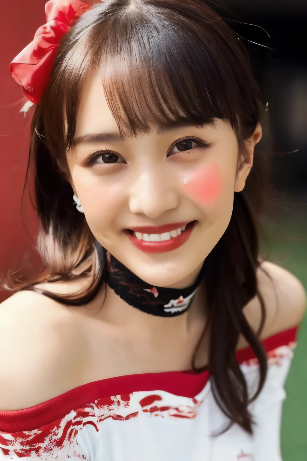 ((red tennis wear)), ((age Japanese Girl))、、(Light up your face)、(masterpiece, top quality, The beautiful quality of , photorealistic , detailed lighting , Extremely detailed skin, Extremely Detailed Hair ,8k, black hair, upper body, One Girl , smile, Watch Viewers , Dimples, Dimpless on cheeks, fc portrait:1.2), bangs、 Red Choker 、 off shoulder、Accurate Eyes、 in ultra high quality、 ponytail、 red ribbon with hands on chest、( face covered in semen :1.3)、