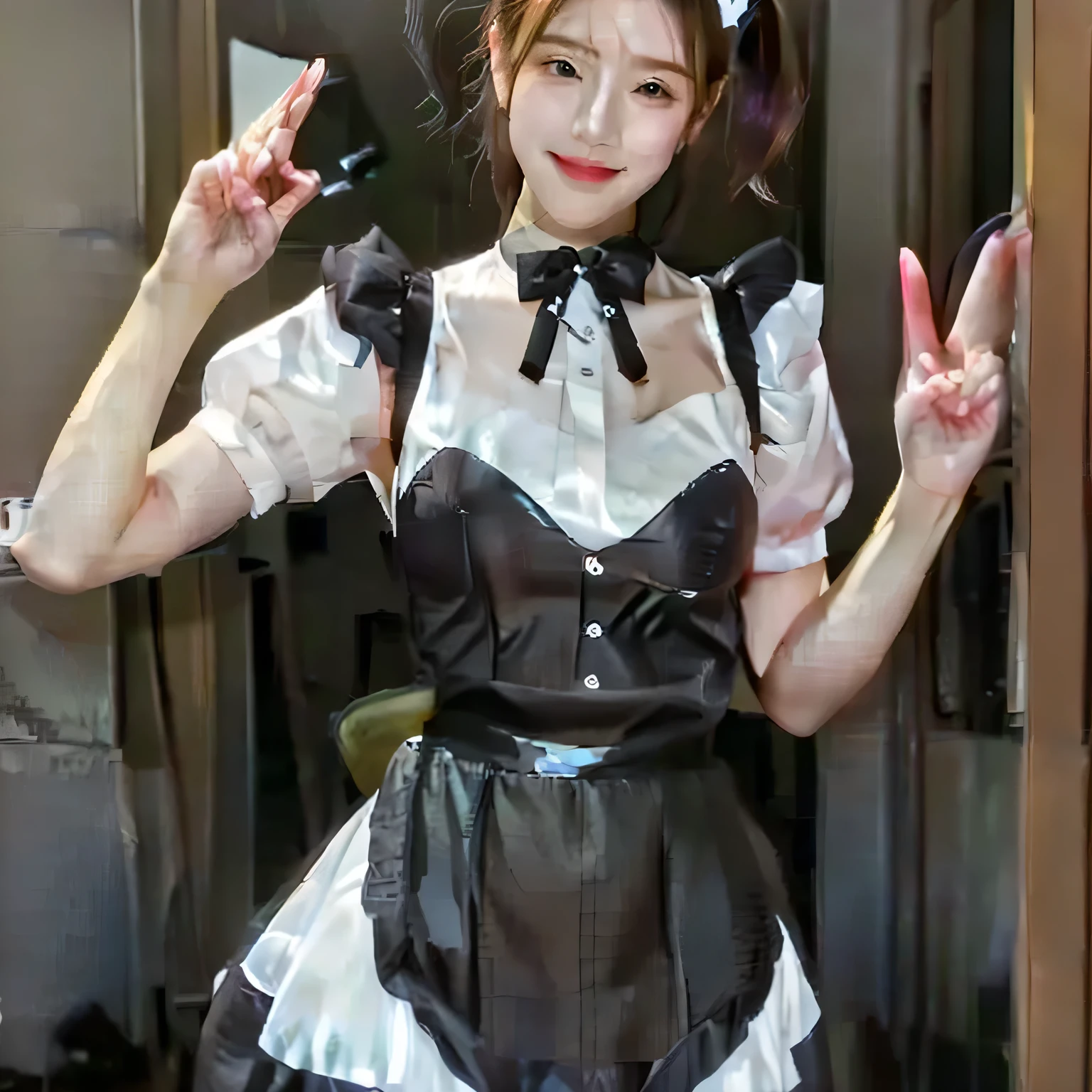 arafed woman in a maid outfit posing for a picture, gorgeous maid, maid outfit, anime girl in a maid costume, wearing maid uniform, 貓小子的角色扮演! maid! dress, maid, maid costume, maid dress, french maid, a sexy maid in a magical forest, with black ponytail , 在 cgstation