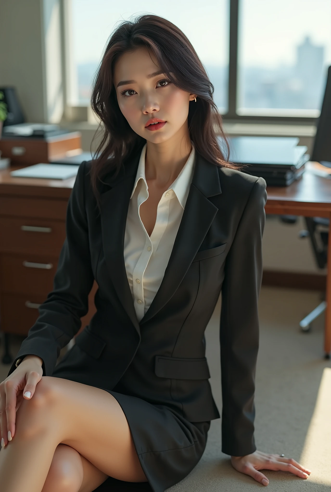 a 20 year old actress has got the most beautiful woman's face in the world, perfect proportions of woman's body, blazer is worn with formal shirt on her upper body, her vagina between opened legs, two pairs of labia under a clitoris, her pubic hair, sitting on a desk chair in office, nsfw, best quality, highly detailed, masterpiece, ultra high res, photo realistic, 8k