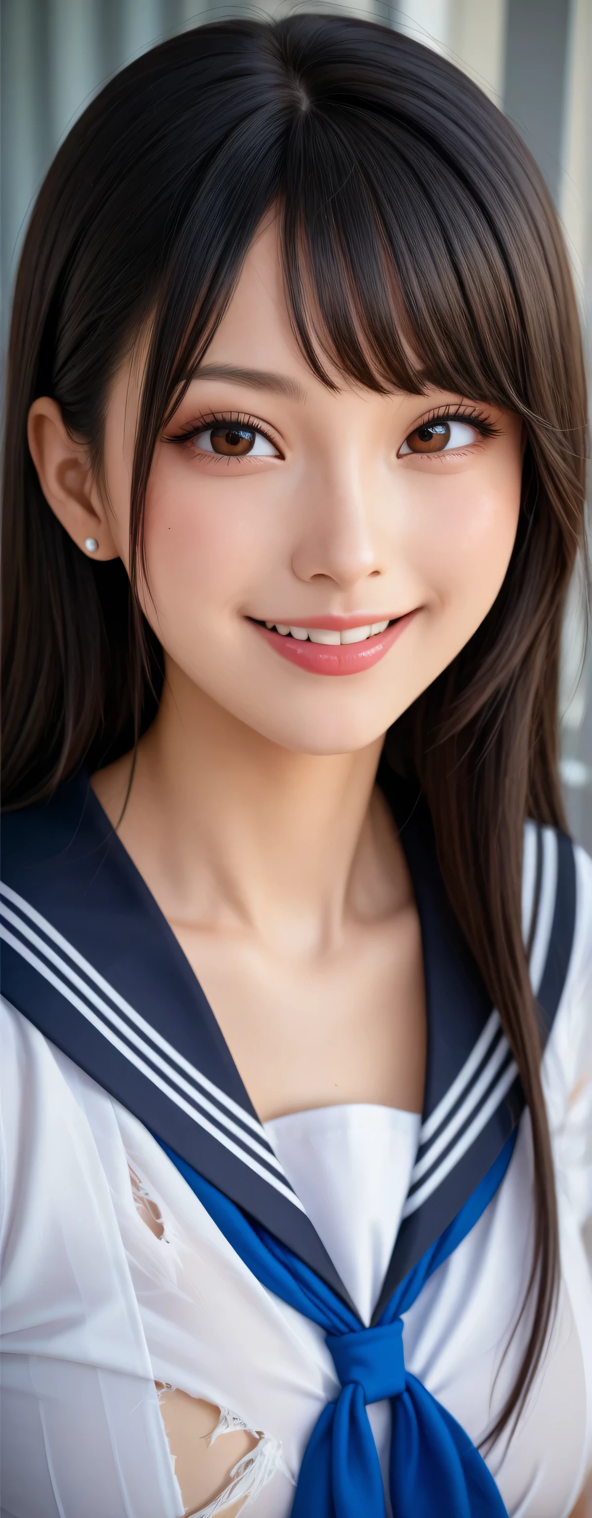 (One Girl), Very cute face, Great face and eyes, (Highly detailed eyes, Highly detailed face), Fresh, Very beautiful appearance, (Super realistic, High resolution), (highest quality:1.4), RAW Photos, (Realistic, Photorealistic:1.37), Professional photography , (see-through sailor suit:1.25) , (Cleavage:1.2) , Smile a little, (Look at me) , Portrait of a Girl , (Huge breasts:1.3) , ((15 years old)) , (low ponytail hair) , (Nipples can be seen through the sailor suit:1.3) , (pussy juice:1.3) , (tilt your head slightly) , perfect nipples , ((nipples are pink)) , ((pink areola)) , (arms behind head:1.3) , (the man lick her nipple:1.4) , (cute face:1.2) , (young face:1.6)