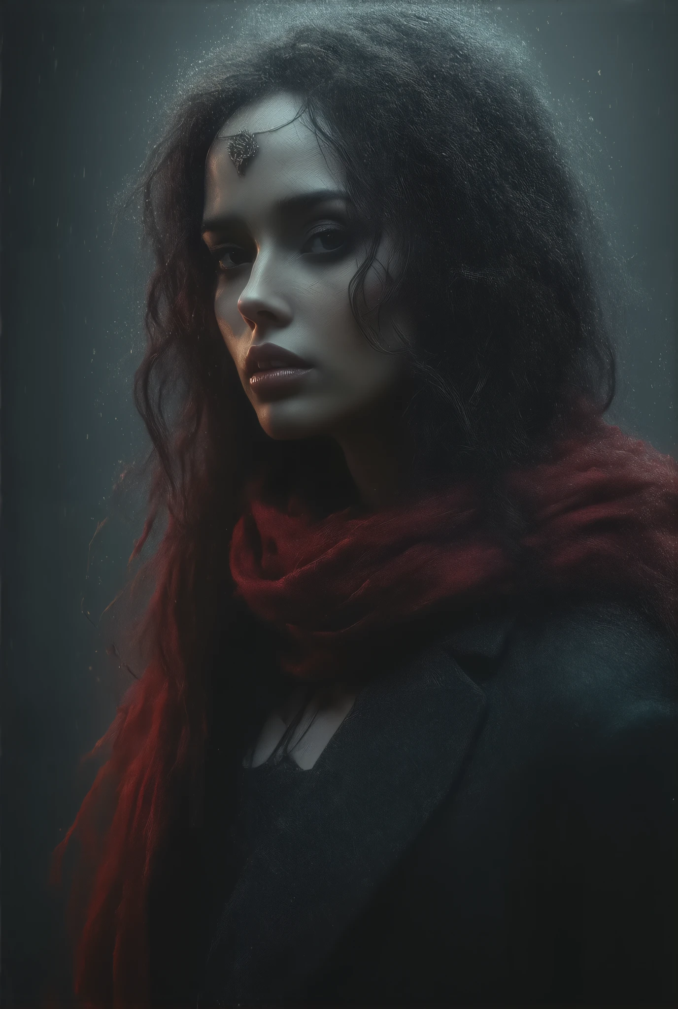 female model of 1991 Chanel black haute couture, face close-up,Long curled hair ,Science Fiction,Mecha style,noble,典雅,Mythical Helen , professional woolen dress , wearing exaggerated jewelry , wearing jewelry typical Chanel style , simple and stylish ,Red transparent flying scarf ,Face-covering ,The torrential rain is falling,model fashion show,Strange and thrilling horror atmosphere on the catwalk ,