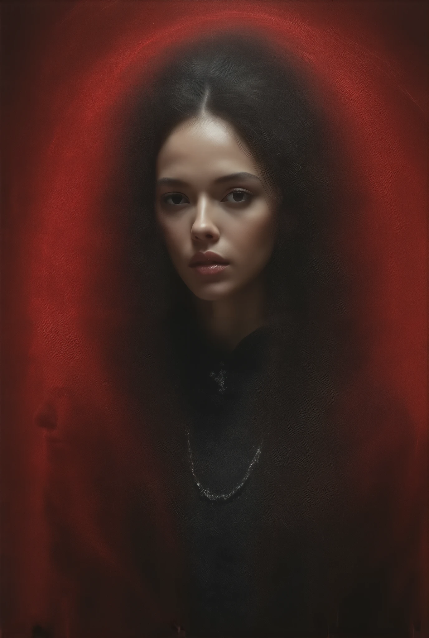 1991 Chanel black haute couture, face close-up,Long curled hair ,Science Fiction,Mecha style,noble,典雅,Mythical Helen , professional woolen dress , wearing exaggerated jewelry , wearing jewelry typical Chanel style , simple and stylish ,Red transparent flying scarf ,Face-covering ,Wabi monsoon
