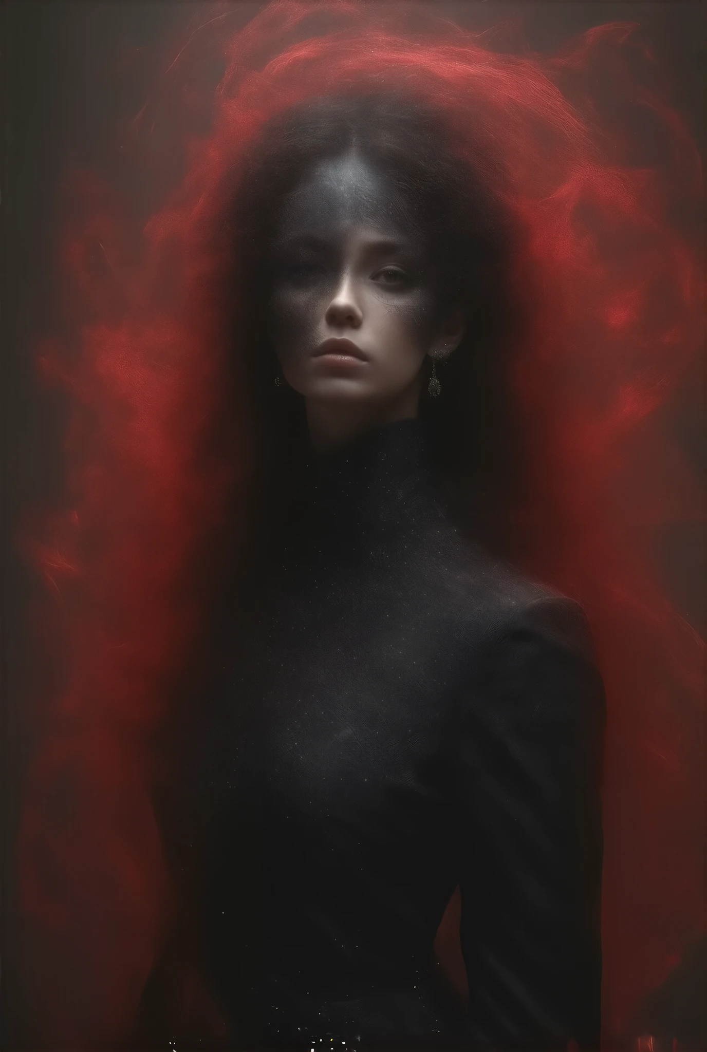 female model of 1991 Chanel black haute couture, face close-up,Long curled hair ,Science Fiction,Mecha style,noble,典雅,Mythical Helen , professional woolen dress , wearing exaggerated jewelry , wearing jewelry typical Chanel style , simple and stylish ,Red transparent flying scarf ,Face-covering ,Wabi monsoon