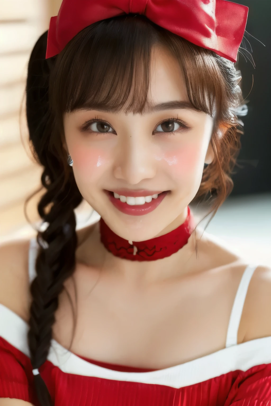 ((red tennis wear)), ((age Japanese Girl))、、(Light up your face)、(masterpiece, top quality, The beautiful quality of , photorealistic , detailed lighting , Extremely detailed skin, Extremely Detailed Hair ,8k, black hair, upper body, One Girl , smile, Watch Viewers , Dimples, Dimpless on cheeks, fc portrait:1.2), bangs、 Red Choker 、 off shoulder、Accurate Eyes、 in ultra high quality、 ponytail、 red ribbon with hands on chest、( face covered in semen :1.3)、