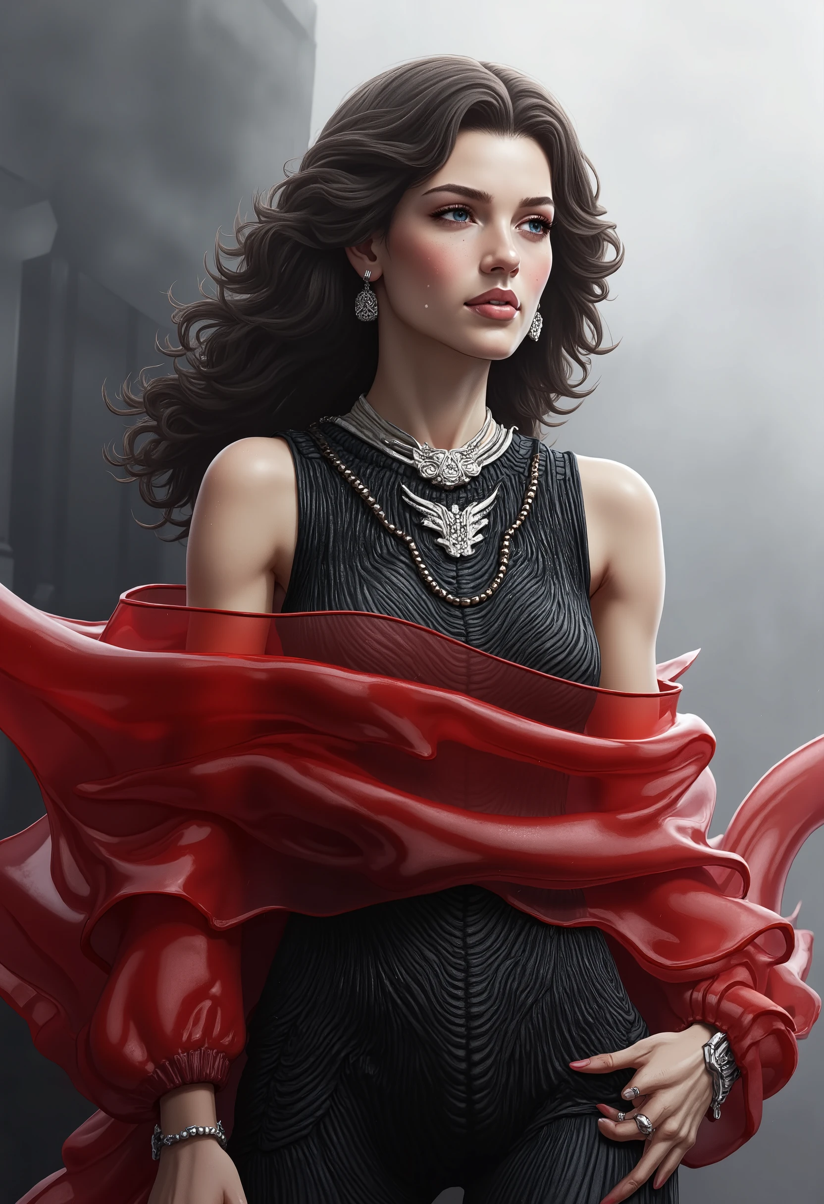 female model of 1991 Chanel black haute couture, face close-up,Long curled hair ,Science Fiction,Mecha style,noble,典雅,Mythical Helen , professional woolen dress , wearing exaggerated jewelry , wearing jewelry typical Chanel style , simple and stylish ,Red transparent flying scarf ,Face-covering ,Thick fog,model fashion show,Strange and thrilling horror atmosphere on the catwalk ,