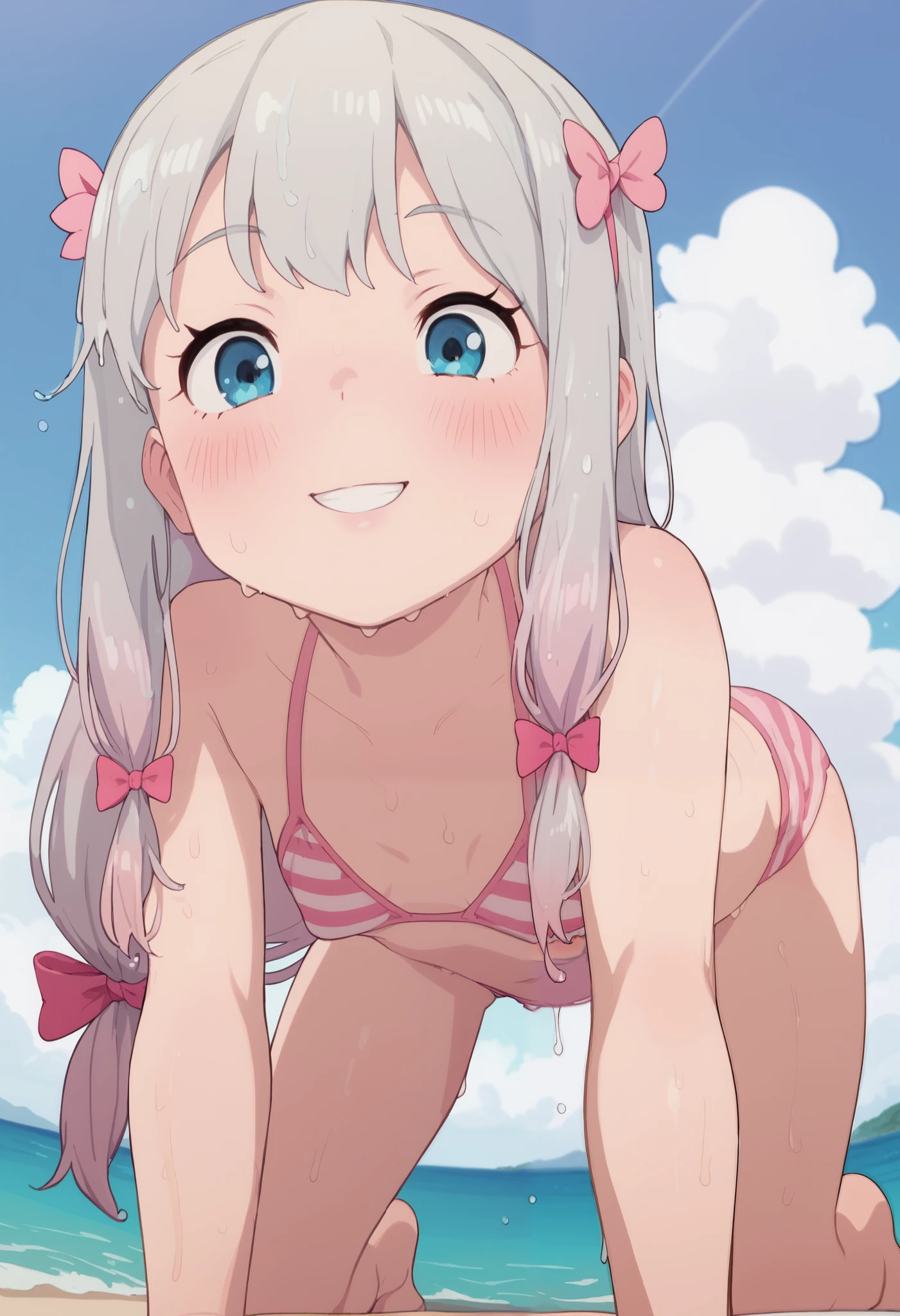 , best quality, high resolution, 8k, solo, ((blush)), small breasts, (Sagiri Izumi, long hair, blue eyes, ribbon, hair ribbon, gray hair, pink ribbon, ribbon), smile, (sweat), (wet:1.5), frilled pink bikini, striped pink bikini, sky blue, sea side, cloud, windy, ((from below)), (((all fours))), sitting on sea,Opossumachine