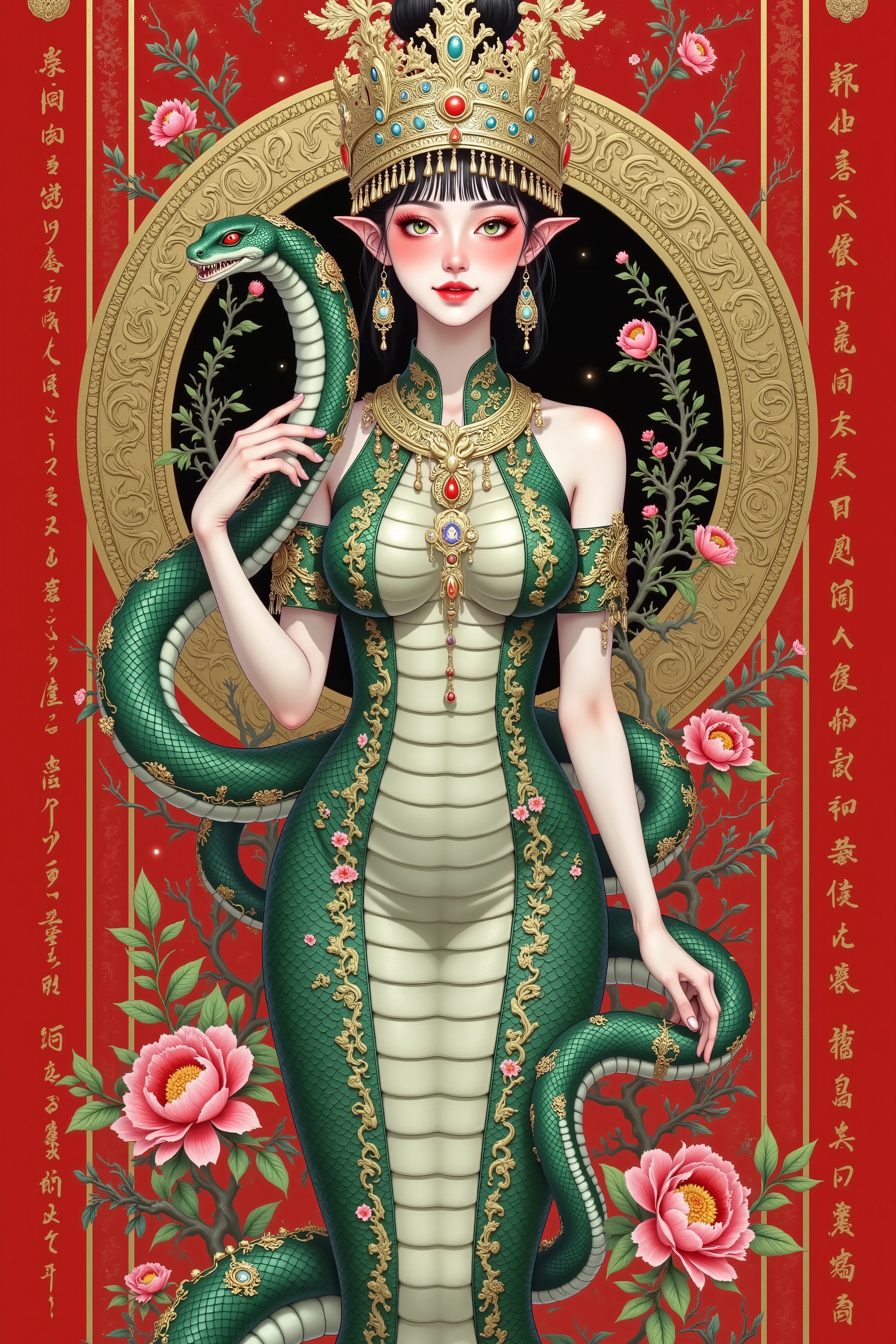 Create a traditional Chinese New Year illustration featuring a majestic snake. The snake should be coiled elegantly in a circular shape, with intricate patterns on its scales resembling traditional Chinese motifs like clouds, waves, and flowers. The snake's head should be adorned with a small crown or jade ornament, symbolizing royalty and prosperity. Surround the snake with traditional Chinese elements such as red lanterns, Chinese knots, and peonies. The background should include a subtle pattern of auspicious clouds and waves, with a color palette dominated by rich reds, golds, and deep greens. Incorporate calligraphy of Chinese characters for "Happy New Year" and "Prosperity" in gold ink. The style should evoke the look of classical Chinese paintings with delicate brush strokes and a harmonious composition., high detail, hyper quality, high resolution, 