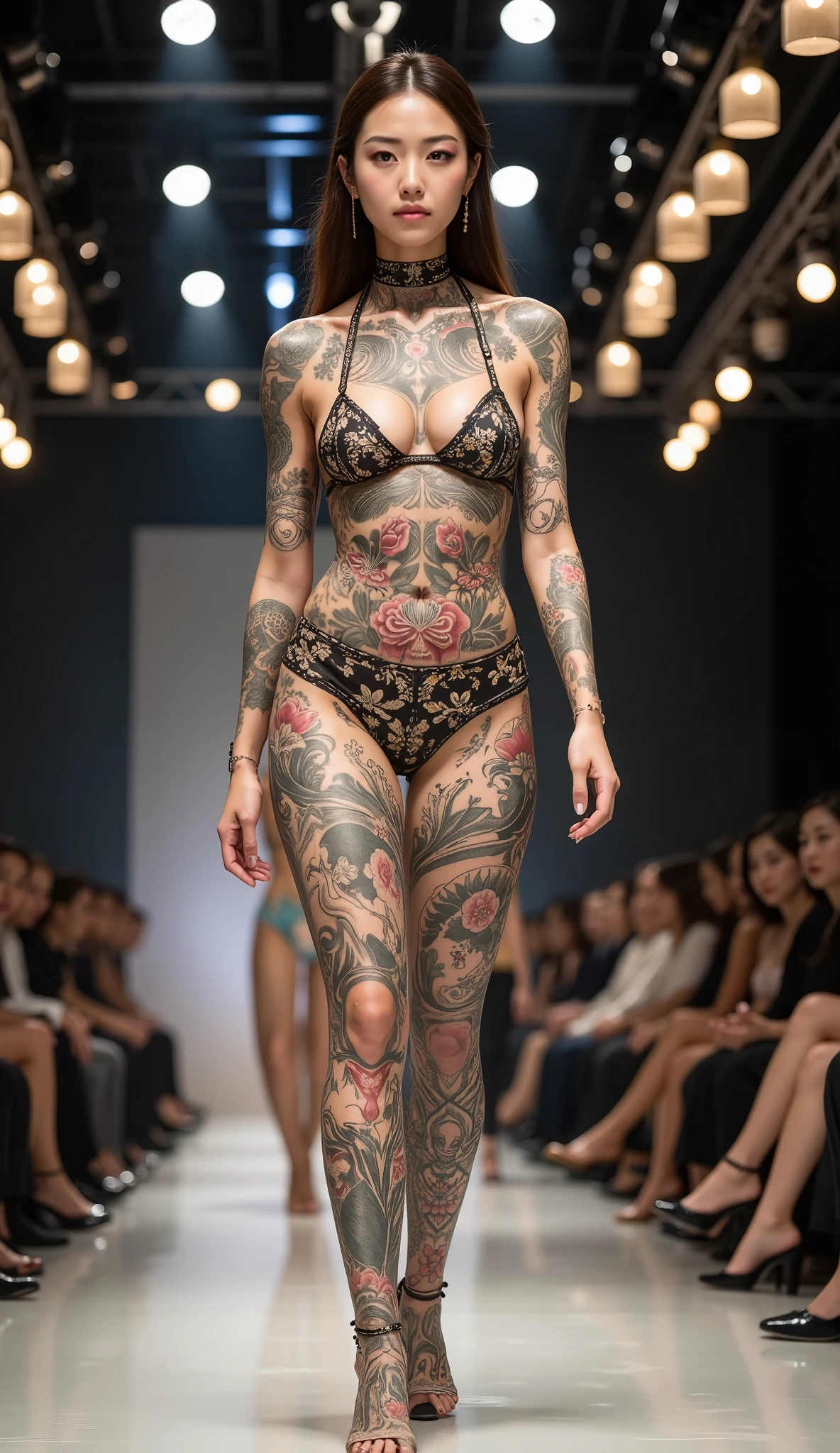 A very beautiful Japanese woman is standing there, covered in many tattoos all over her body. Her tattoos are on her neck, shoulders, arms, stomach, legs, and even the tops of her feet. Her whole body is covered in tattoos that cover her bare skin. Her tattoos are like those of a Japanese yakuza. Her whole body is covered in tattoos. A glamorous and high-energy fashion show runway, illuminated by spotlights and surrounded by an audience seated in elegant attire. The woman walks confidently down the runway, showcasing the latest avant-garde fashion that complements, but does not overshadow, her intricate tattoos. The bright lighting highlights the tattoos on her exposed skin, making them a central focus of the presentation. The sleek, polished stage reflects the lighting, adding depth and dimension to the scene. The contrast between the modern, sophisticated setting of the fashion show and the timeless artistry of her tattoos creates a striking visual impact.