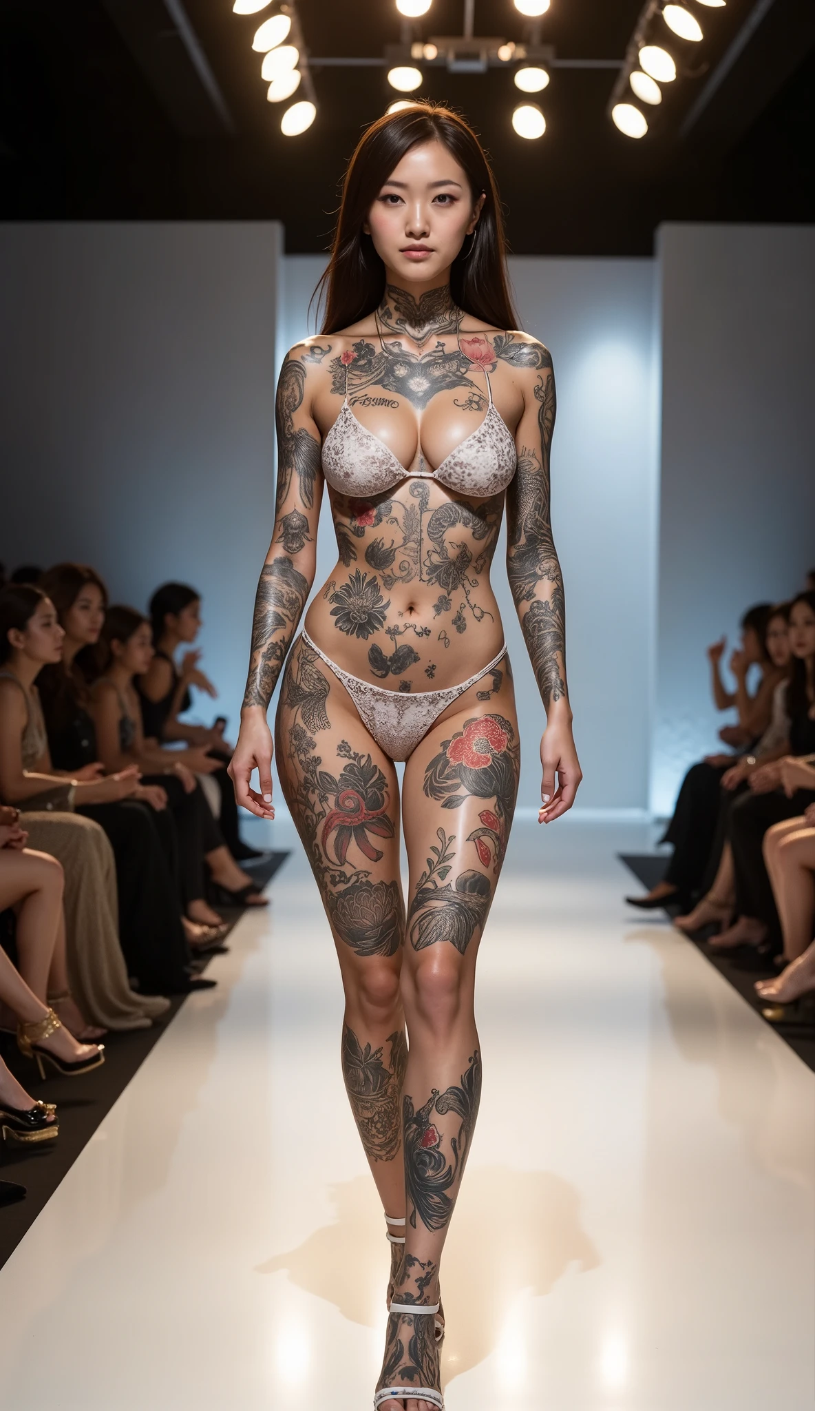 A very beautiful Japanese woman is standing there, covered in many tattoos all over her body. Her tattoos are on her neck, shoulders, arms, stomach, legs, and even the tops of her feet. Her whole body is covered in tattoos that cover her bare skin. Her tattoos are like those of a Japanese yakuza. Her whole body is covered in tattoos. A glamorous and high-energy fashion show runway, illuminated by spotlights and surrounded by an audience seated in elegant attire. The woman walks confidently down the runway, showcasing the latest avant-garde fashion that complements, but does not overshadow, her intricate tattoos. The bright lighting highlights the tattoos on her exposed skin, making them a central focus of the presentation. The sleek, polished stage reflects the lighting, adding depth and dimension to the scene. The contrast between the modern, sophisticated setting of the fashion show and the timeless artistry of her tattoos creates a striking visual impact.