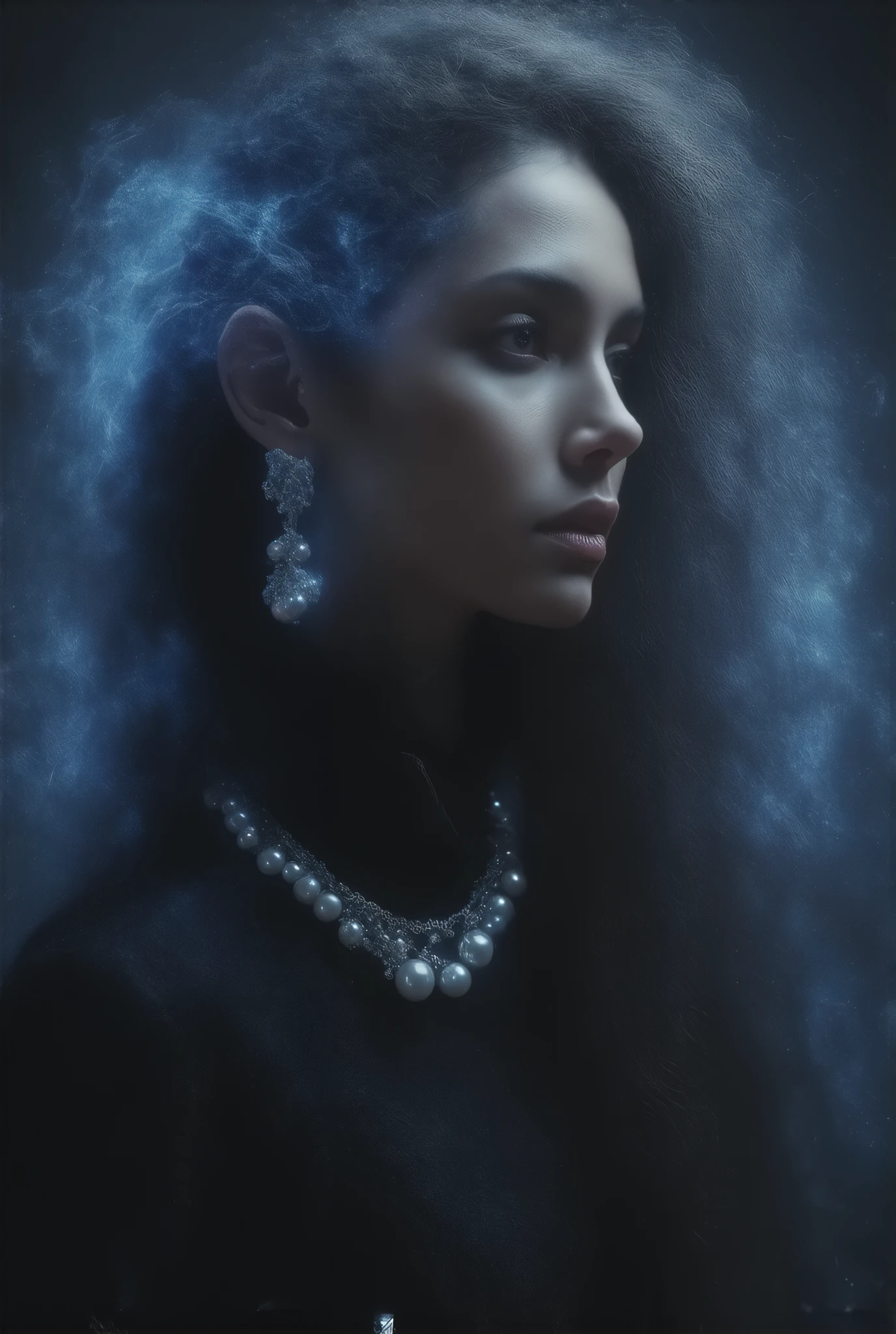 female model of 1991 Chanel black haute couture, face close-up,Long curled hair ,Science Fiction,Mecha style,noble,典雅,Mythical Helen , professional woolen dress ,Wearing exaggerated pearl earrings , wearing jewelry typical Chanel style , simple and stylish , blue transparent flying scarf,Face-covering ,Wabi monsoon