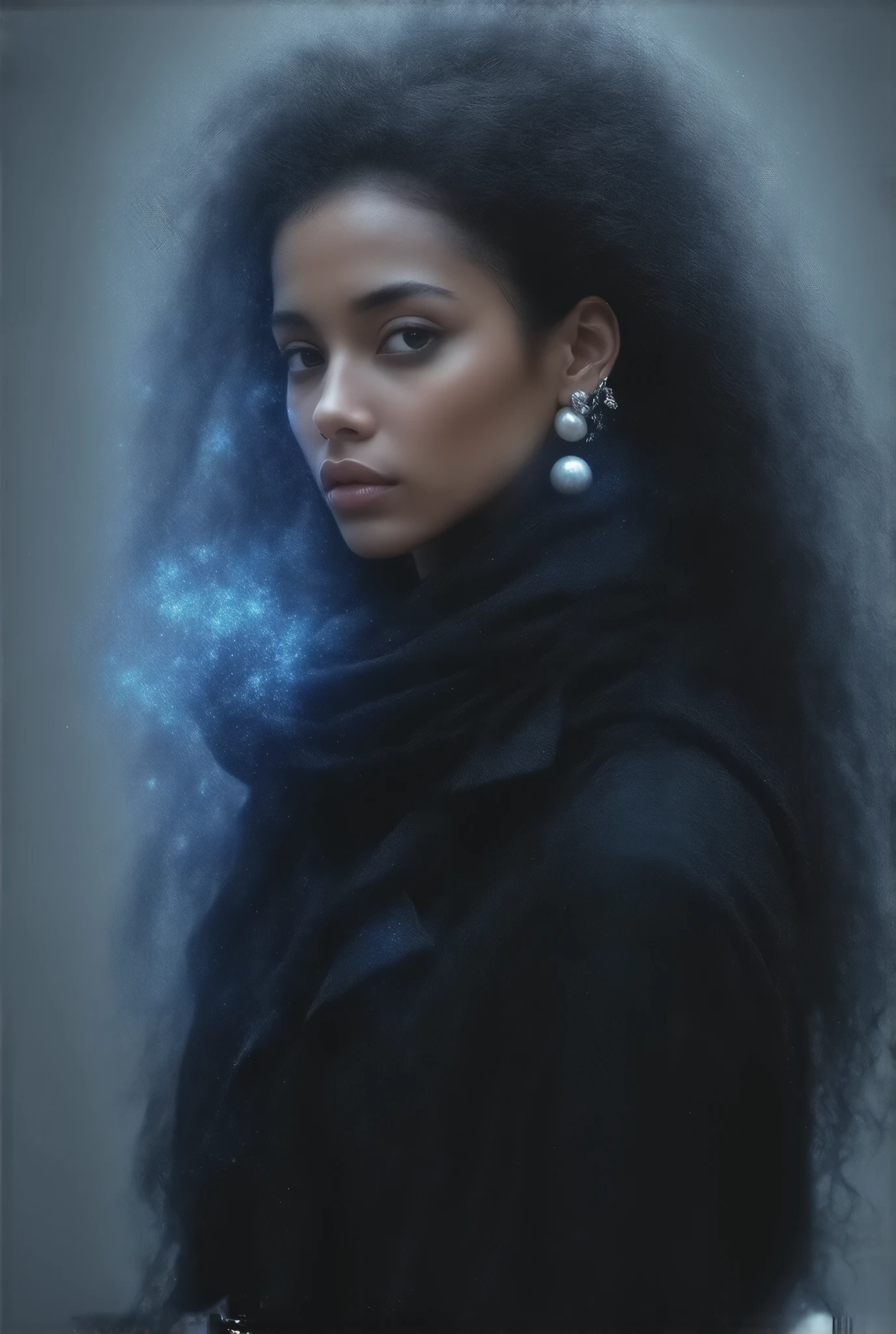 female model of 1991 Chanel black haute couture, face close-up,Long curled hair ,Science Fiction,Mecha style,noble,典雅,Mythical Helen , professional woolen dress ,Wearing exaggerated pearl earrings , wearing jewelry typical Chanel style , simple and stylish , blue transparent flying scarf,Face-covering ,Wabi monsoon