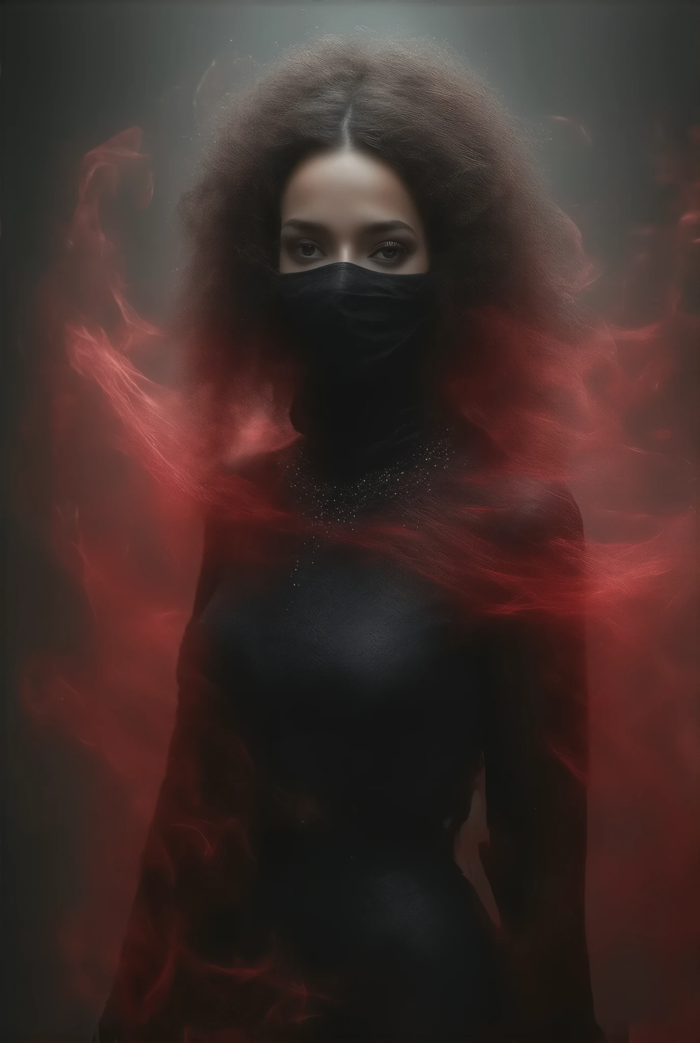  female model of 1991 Chanel black haute couture， face close-up，Long curled hair ，Science Fiction，Mecha style，noble，典雅，Mythical Helen ， professional woolen dress ， wearing exaggerated jewelry ， wearing jewelry typical Chanel style ， simple and stylish ，Red transparent flying scarf ，Face-covering ，Wabi monsoon