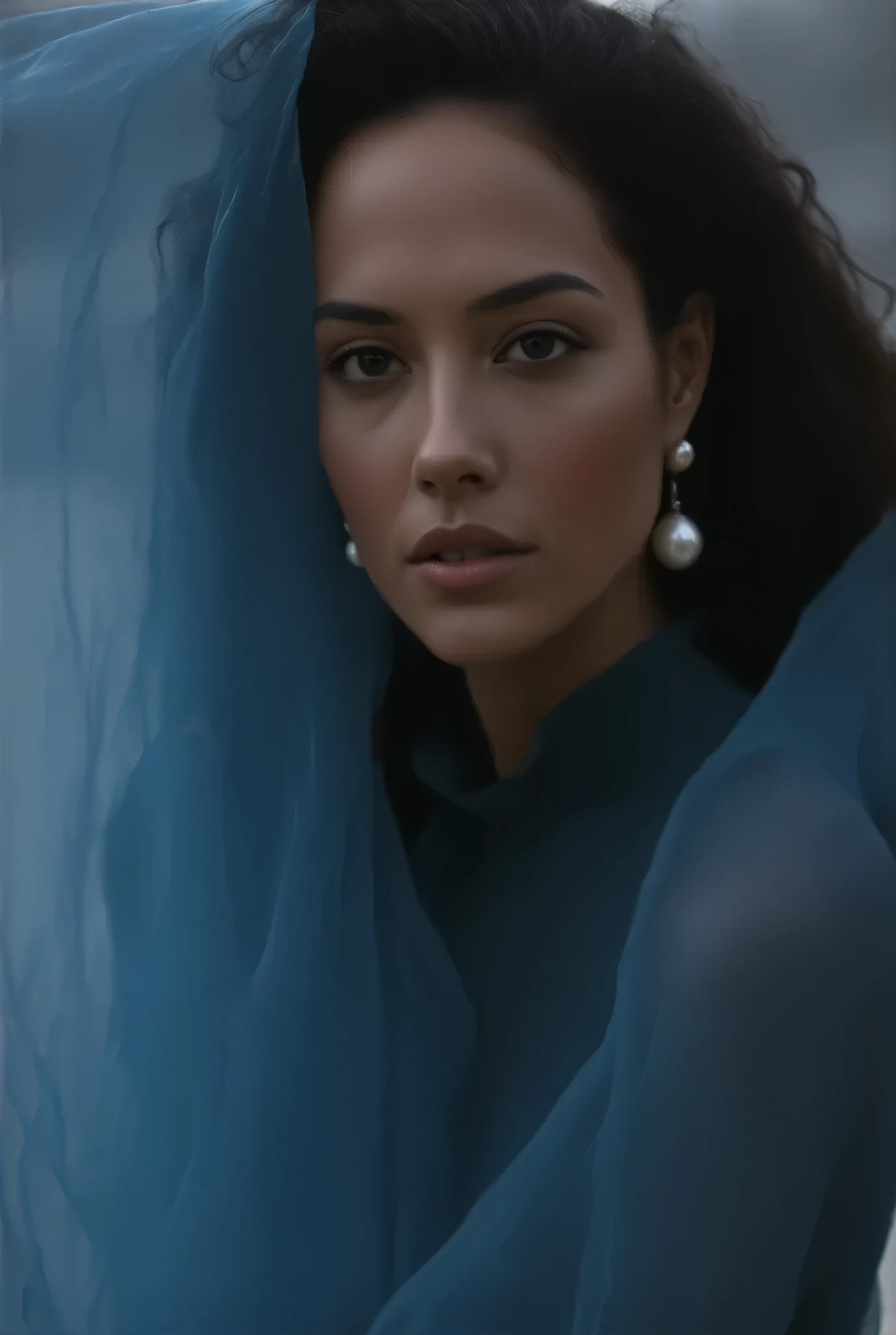 1991 Chanel black haute couture, face close-up,Long curled hair ,Science Fiction,Mecha style,noble,典雅,Mythical Helen , professional woolen dress ,Wearing exaggerated pearl earrings , wearing jewelry typical Chanel style , simple and stylish , blue transparent flying scarf,Face-covering ,Wabi monsoon