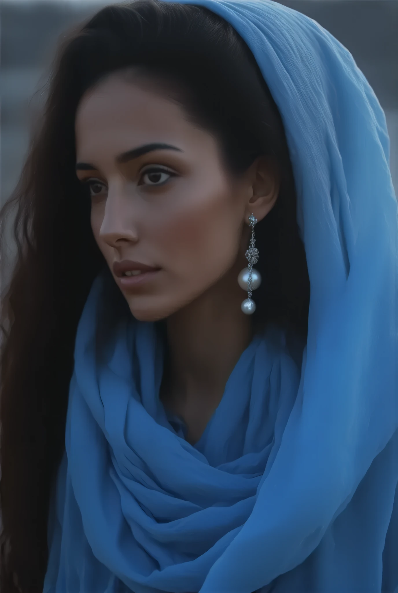 female model of 1991 Chanel black haute couture, face close-up,Long curled hair ,Science Fiction,Mecha style,noble,典雅,Mythical Helen , professional woolen dress ,Wearing exaggerated pearl earrings , wearing jewelry typical Chanel style , simple and stylish , blue transparent flying scarf,Face-covering ,Wabi monsoon