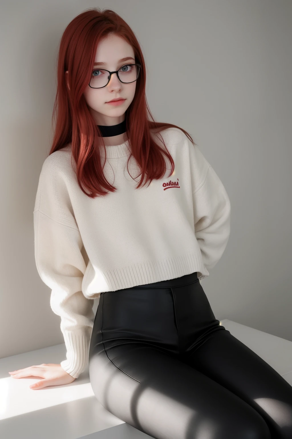 raw photo,full body shot, full view,(13yo skinny redhead girl:1.2), cheek dimples, blushing, graphic eyeliner, rouge, (lipstick:0.6), (choker:0.9), realistic skin texture, oversize knit sweater, (red:0.8), black leggings, glasses, softcore, warm lighting, cosy atmosphere, instagram style, nsfw , naive, shy, short, thin, fit, beautiful, cute, pale skin