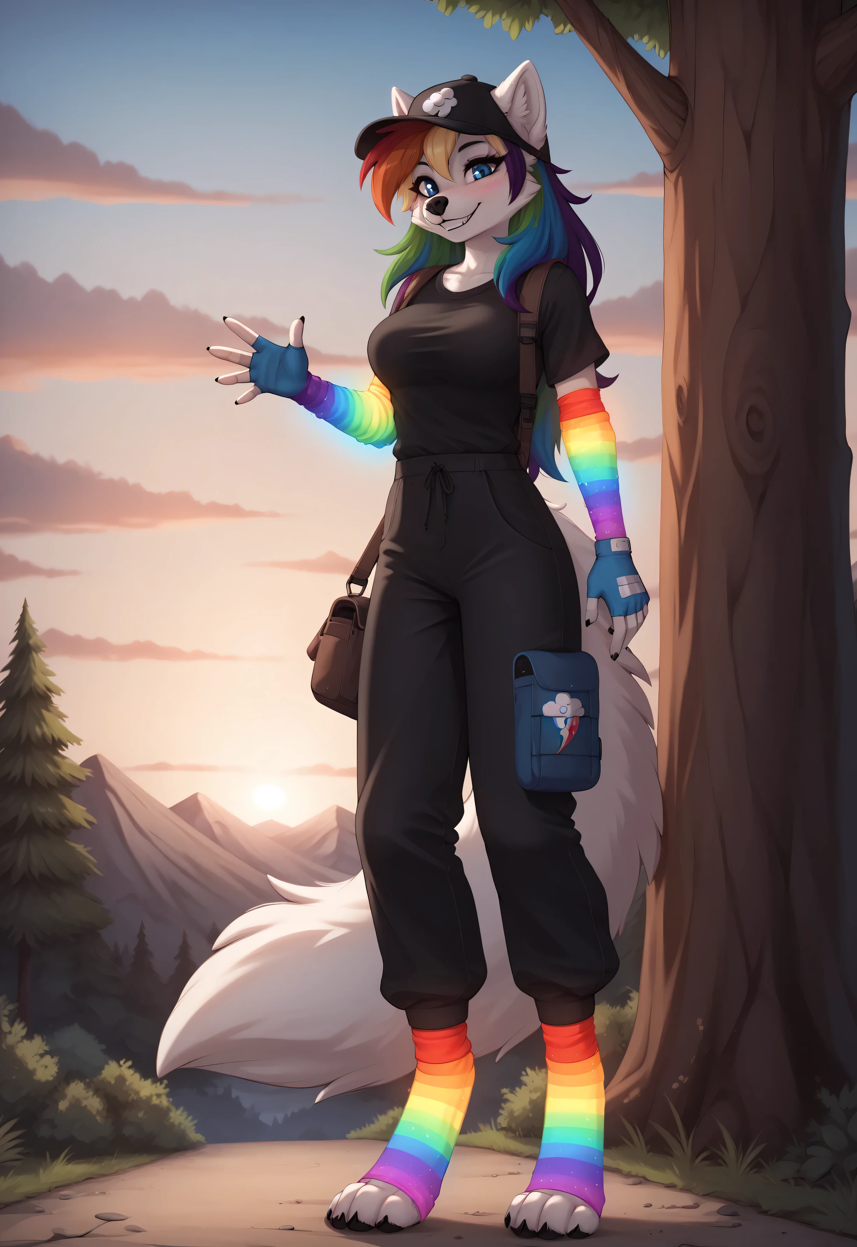 (4K HD Quality), score_9_up, score_8_up, score_6_up, anthro, solo, 1girl, furry, Arctic Fox, white body, white fur, rainbow hair color, long thick hair, blue eyes, white fox tail, medium large breasts,
((glowing gloves), (rainbow sleeves gloves), (fingerless gloves)),
((glowing socks), (rainbow thigh high socks), (toeless socks)),
blush, perfect teeth smile, looking at view, full body,
black shirt, black pants, long pants,
sunset, forest, mountain, natural view, waving, hiking, hiking bag, black cap,