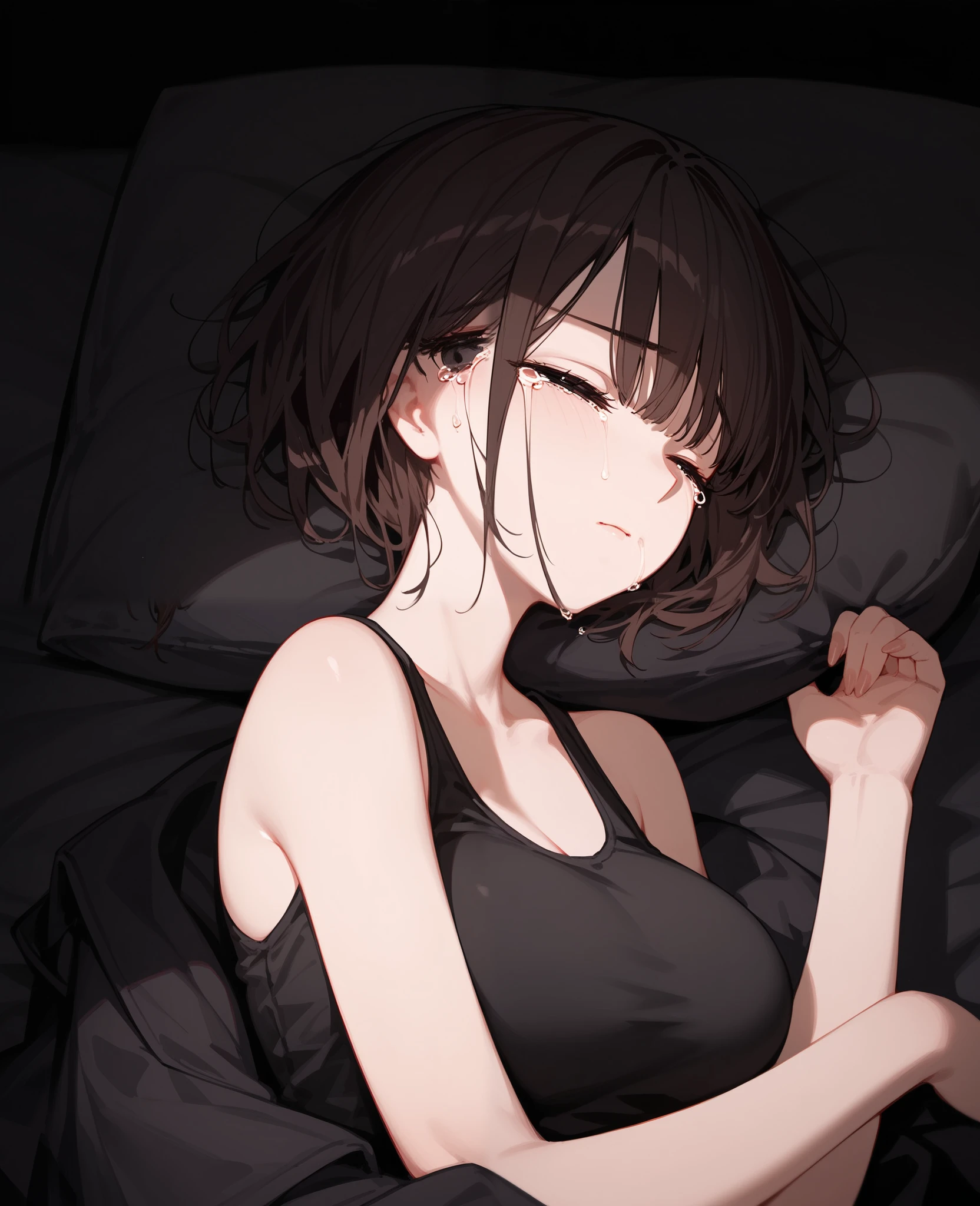 alone,1 person,girl,Black suit,Black suit, dark brown hair , in black eyes, short hair ,Hair lost ,, shadow face, black background,Half stressed , Long bangs , Straight Line, big breasts,Long facial hair , Slim ,Tank top , sleeping in bed,sad,Hugging a side pillow ,Tears welling up in my eyes,painful