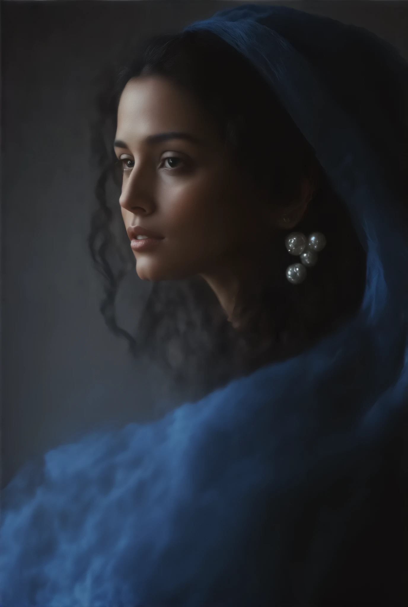 female model of 1991 Chanel black haute couture, face close-up,Long curled hair ,Science Fiction,Mecha style,noble,典雅,Mythical Helen , professional woolen dress ,Wearing exaggerated pearl earrings , wearing jewelry typical Chanel style , simple and stylish , blue transparent flying scarf,Face-covering ,Wabi monsoon