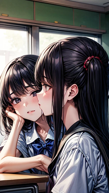 Two women facing each other,,((cum in mouth)) ,(((blushed face))), ((cum on tongue)), ((close up of face))((I'm opening my mouth)),((business suits and school uniforms))(Happy Ahe Face),Wet with sweat,(Black hair braid,Frameless glasses)(‎Classroom)